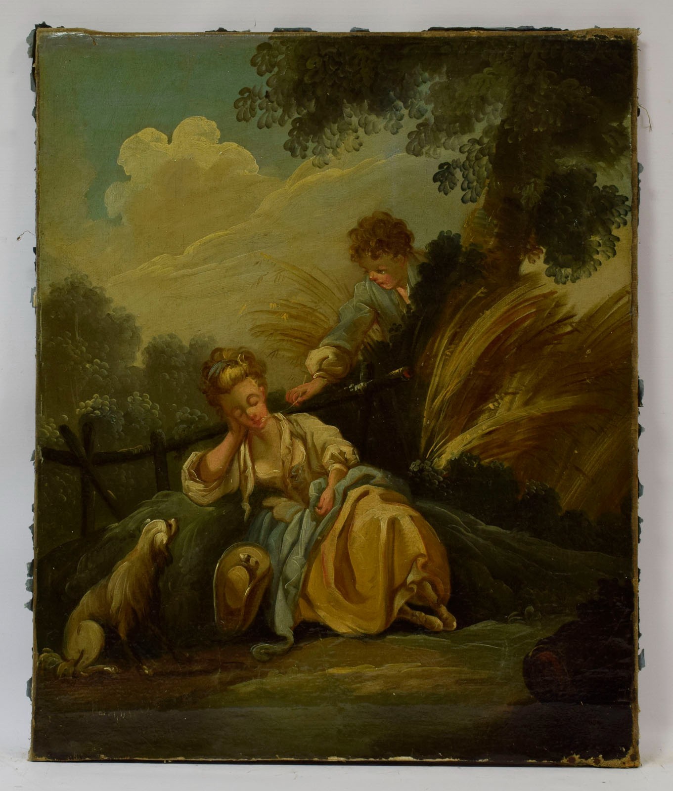 18th century. Old painting after F. Boucher (1703–1770), galante scene, oil.