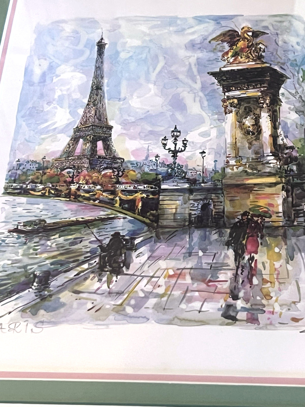 Paris Eiffel Tower Pont Alexandre Watercolor Print by ‘George’ Signed & Framed