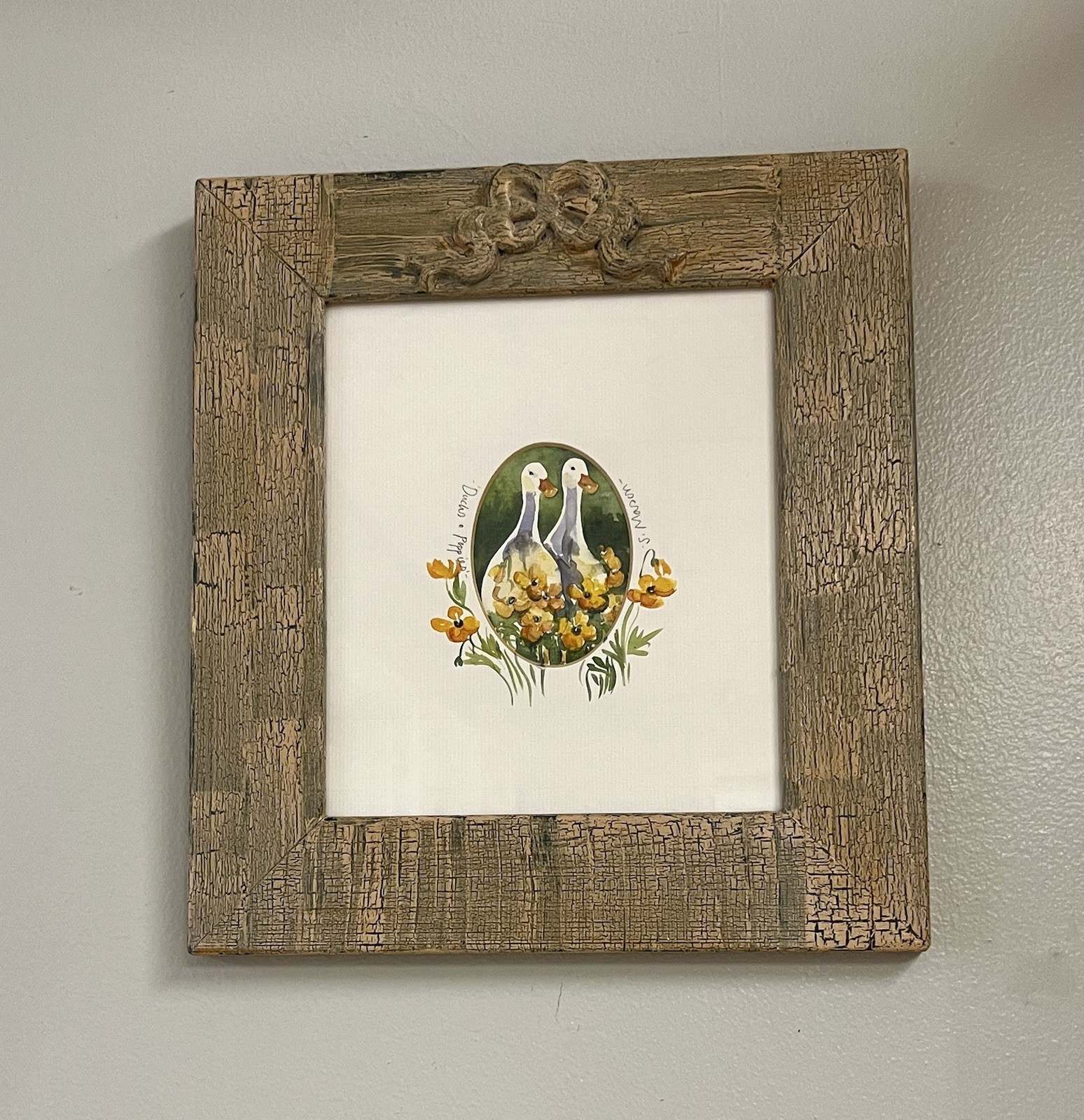Charming Vintage ORIGINAL Orange Floral «Ducks & Poppies» SIGNED S.Mason FRAMED