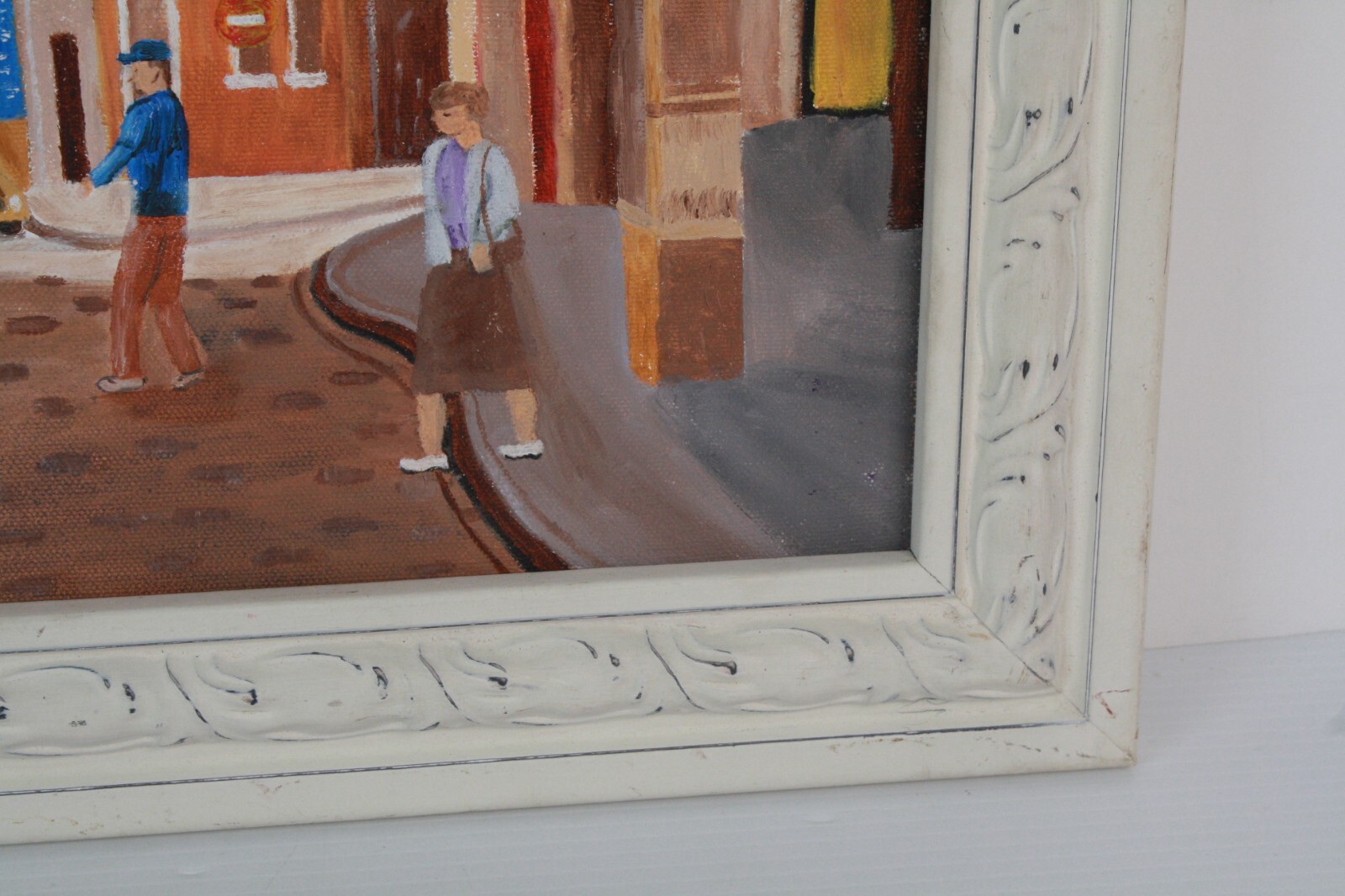 Vintage Cityscape Downtown Cobblestone Street Scene Oil Painting Unsigned Framed