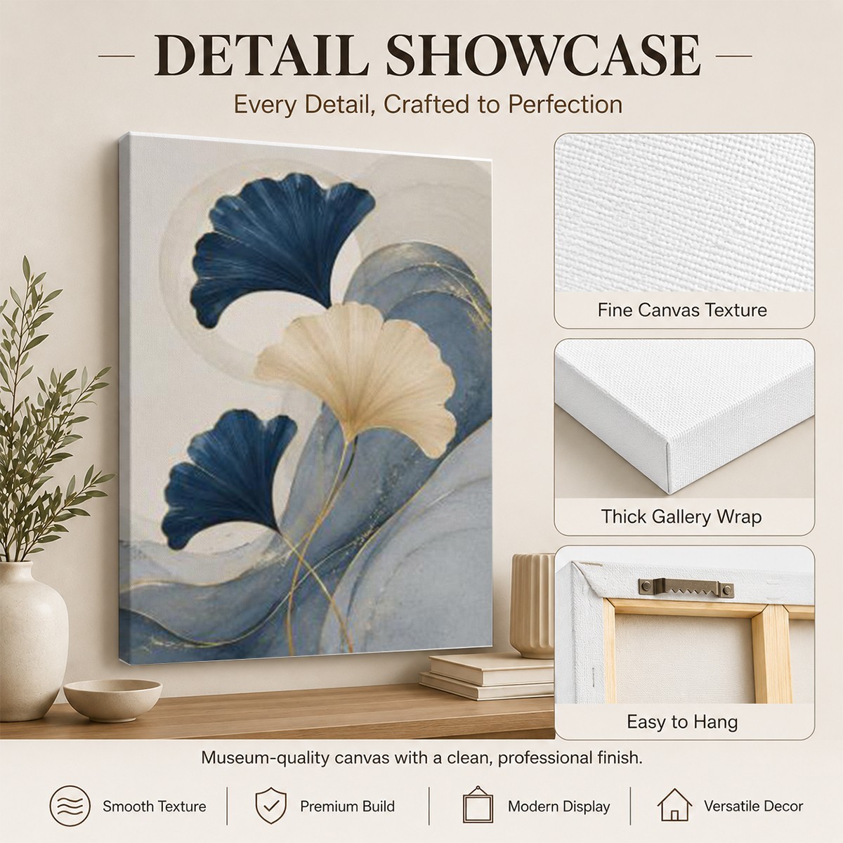 Blue Ginkgo Leaf Canvas Wall Art Abstract Botanical Print Modern Home Decor Gift