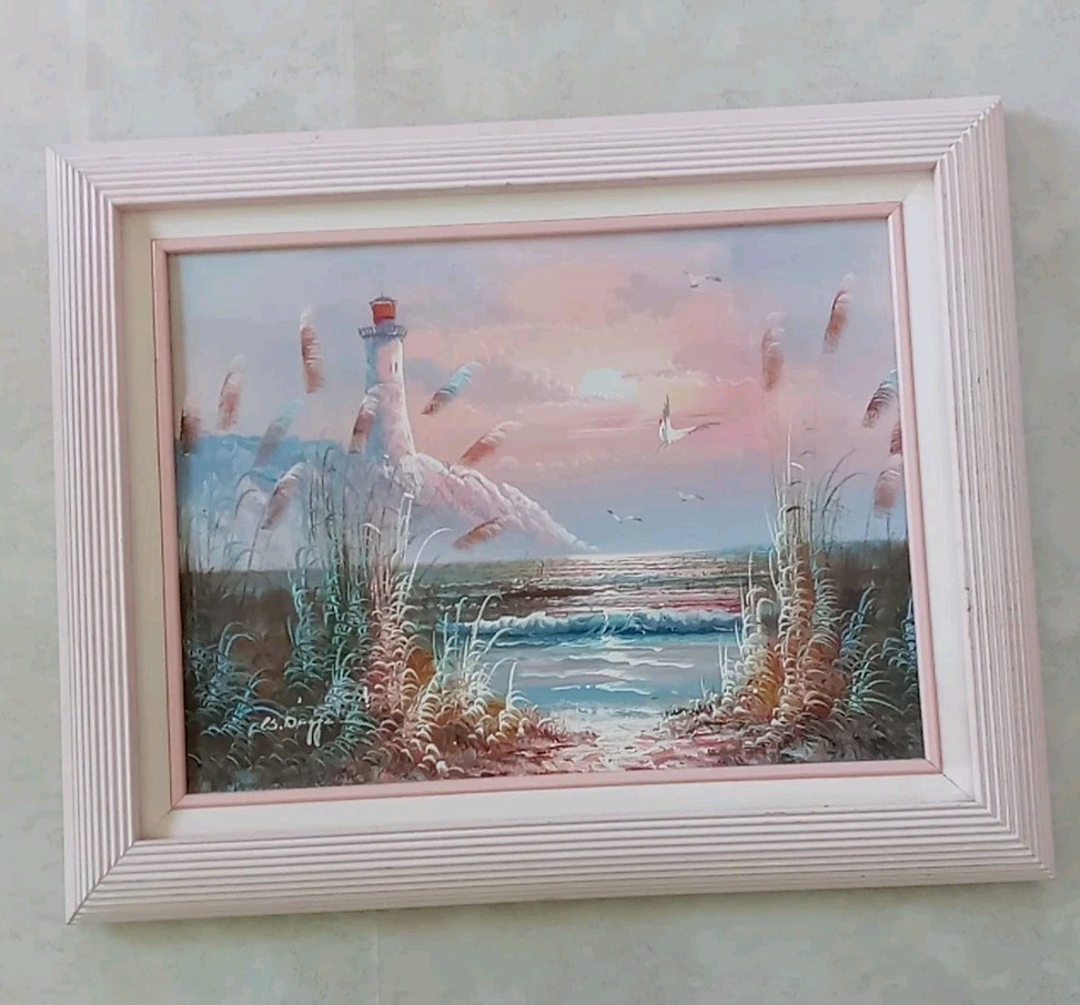 B Duggan MCM Framed Original Painting Seashore Lighthouse Beach Seagull 21×17″