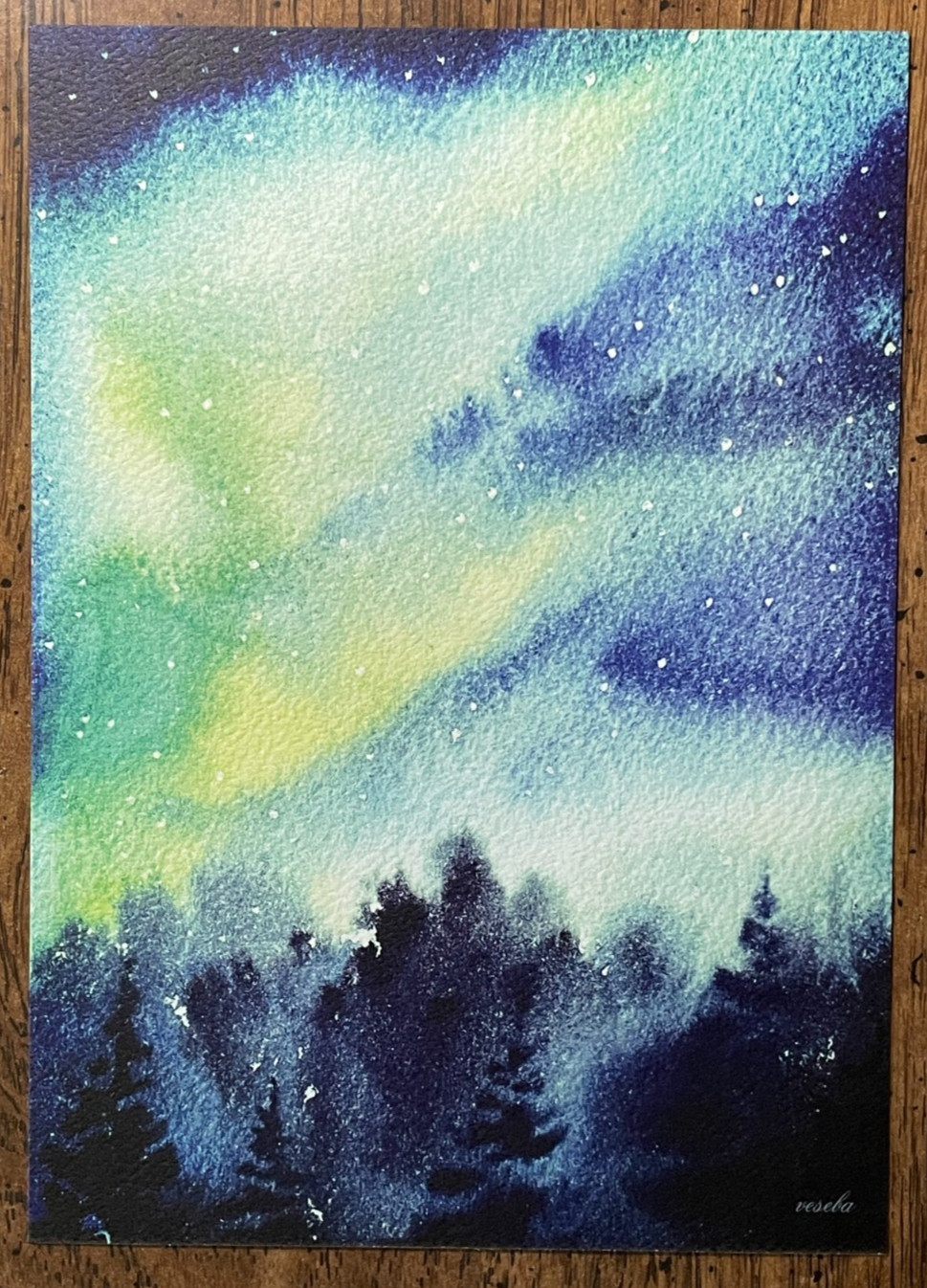 Art Print Watercolor Painting Nature Landscape Northern Lights (5×7 inches) NEW