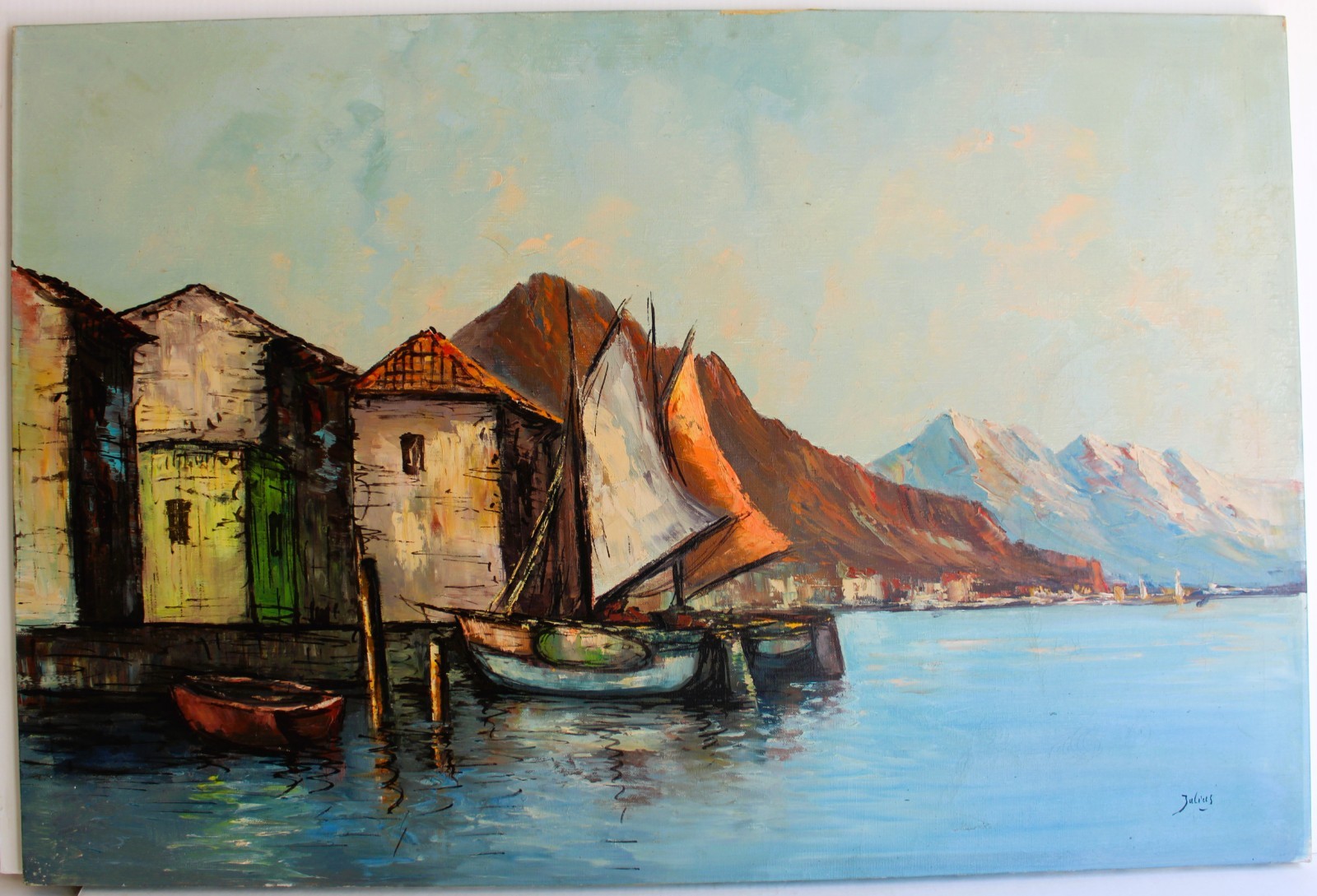 JULIUS VINTAGE LARGE OIL PAINTING CANVAS SIGNED SERENE HARBOR SAILBOATS EUROPE