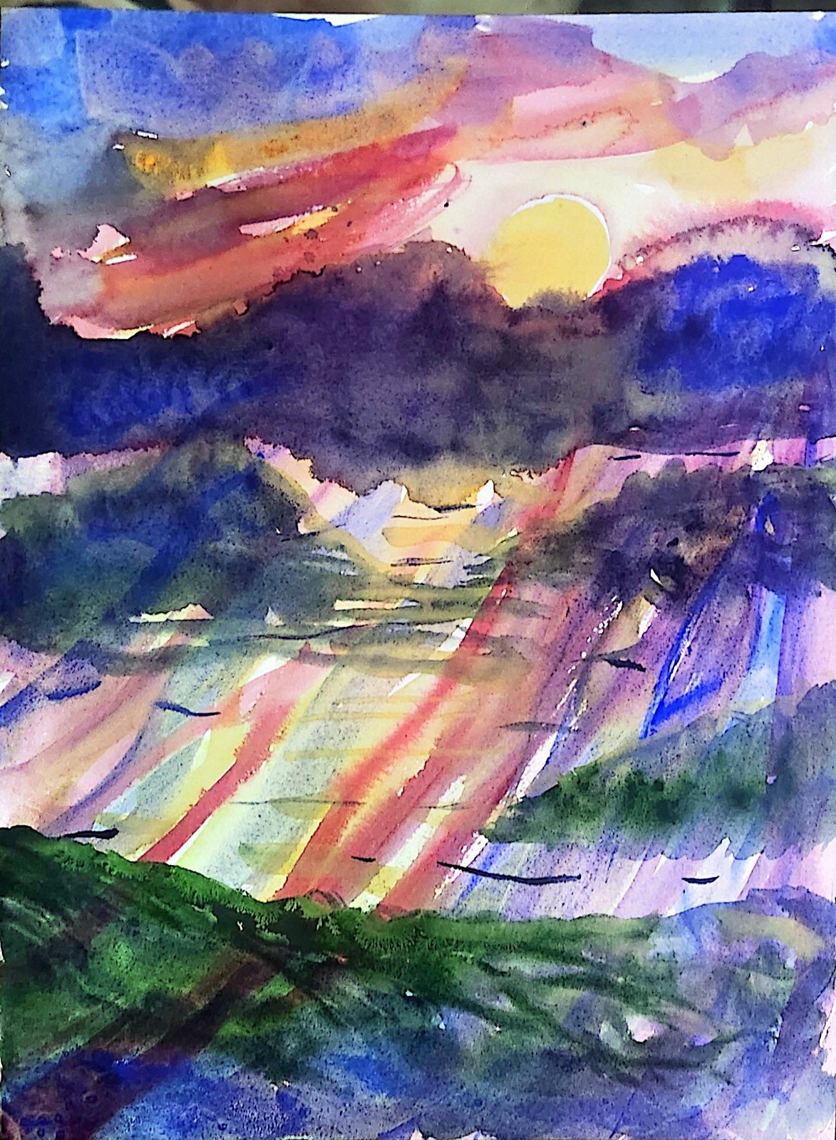 Sunset Over Mountains Vibrant Abstract Watercolor 9×12 On Watercolor Paper