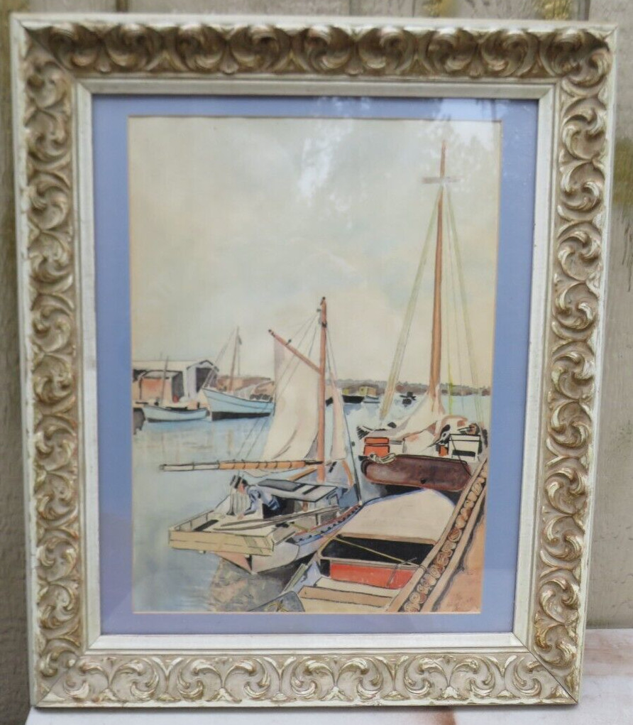 GORGEOUS ABSTRACT FRAMED WATERCOLOR PAINTING SEASCAPE FISHING PORT HARBOR