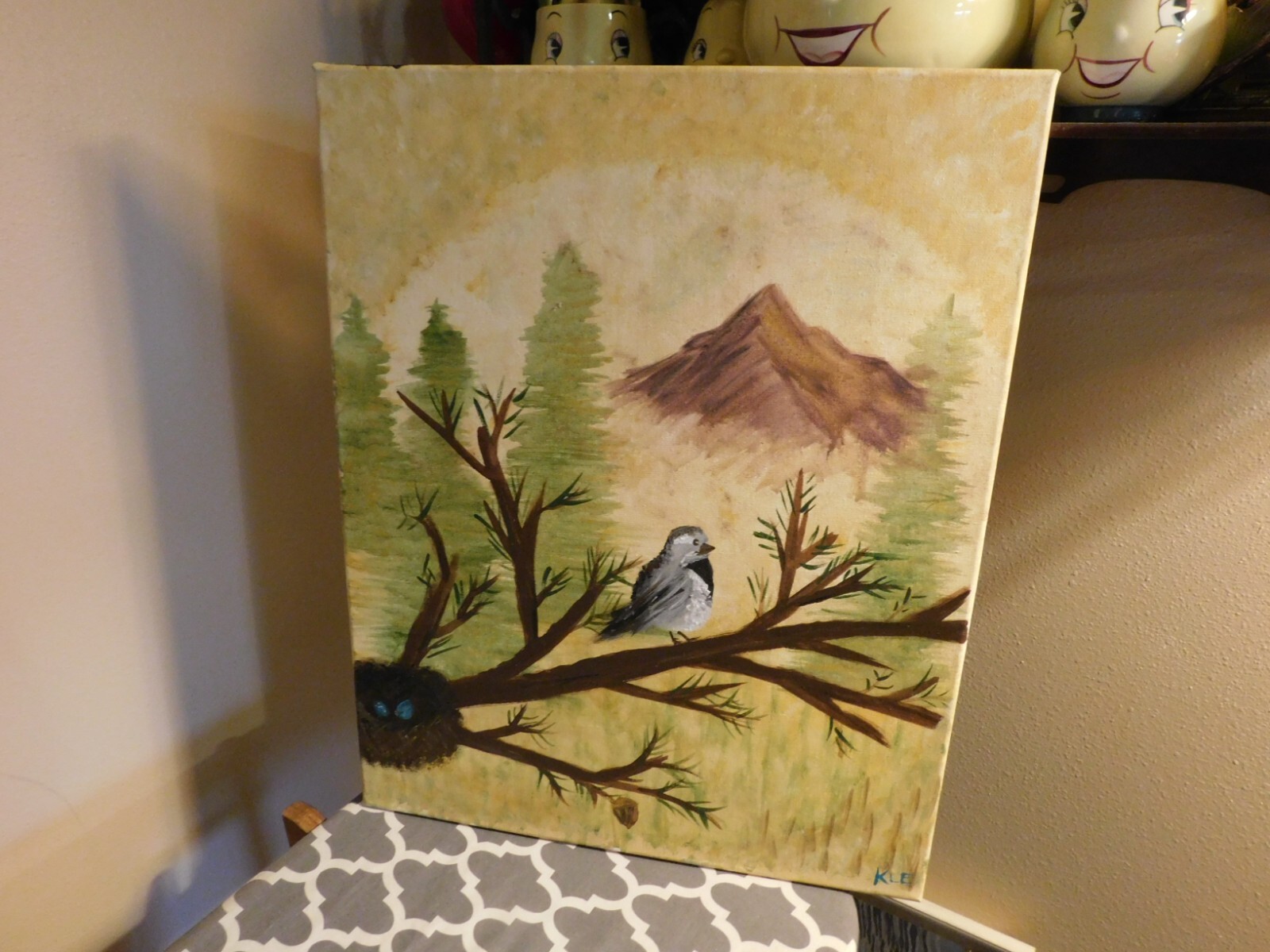 Original Oil Painting Bird w/ Blue Eggs in Nest and Mountain Abstract Signed