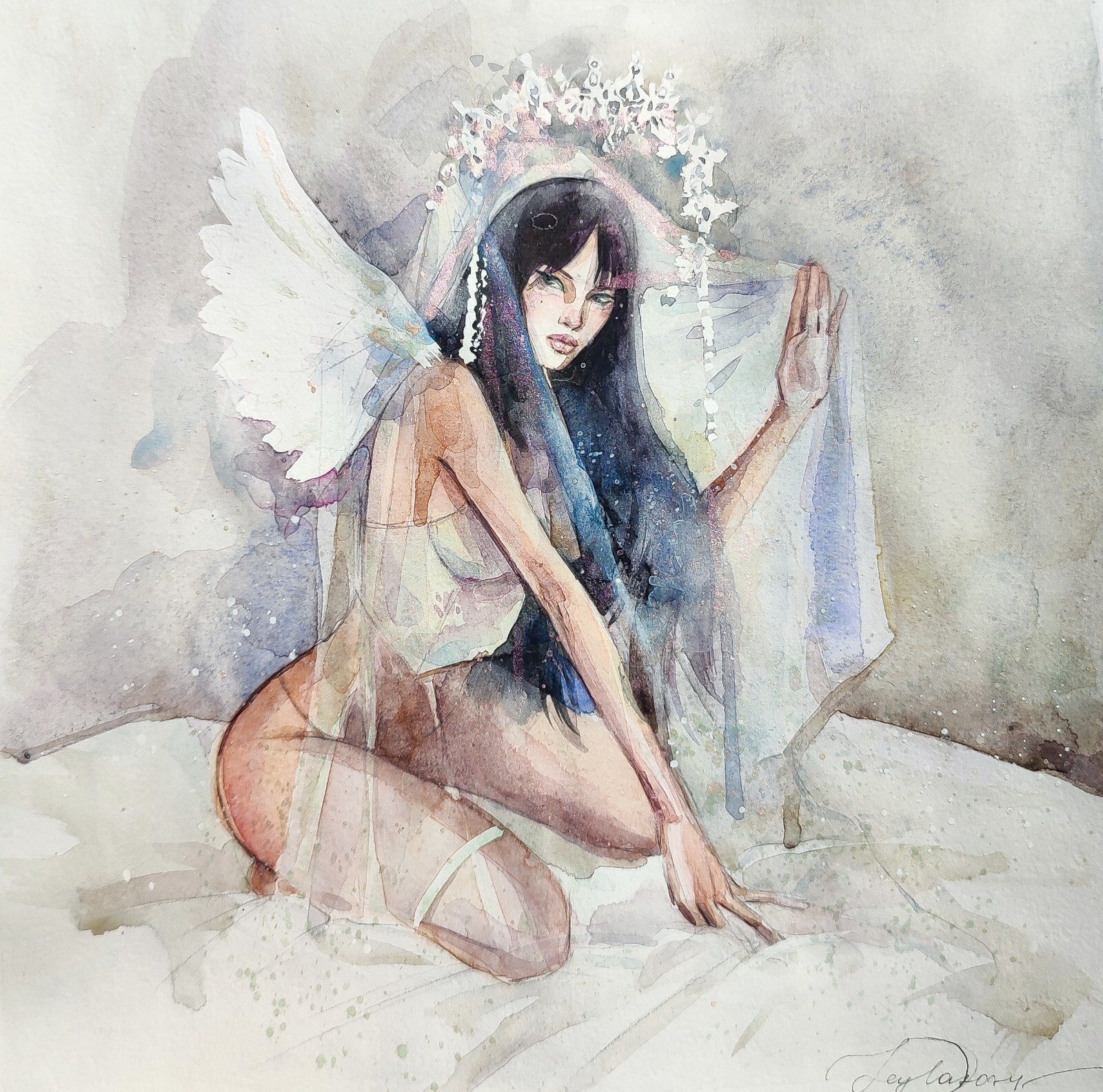 Original Watercolor Painting Sitting Female Figure Painting Erotic Woman Art