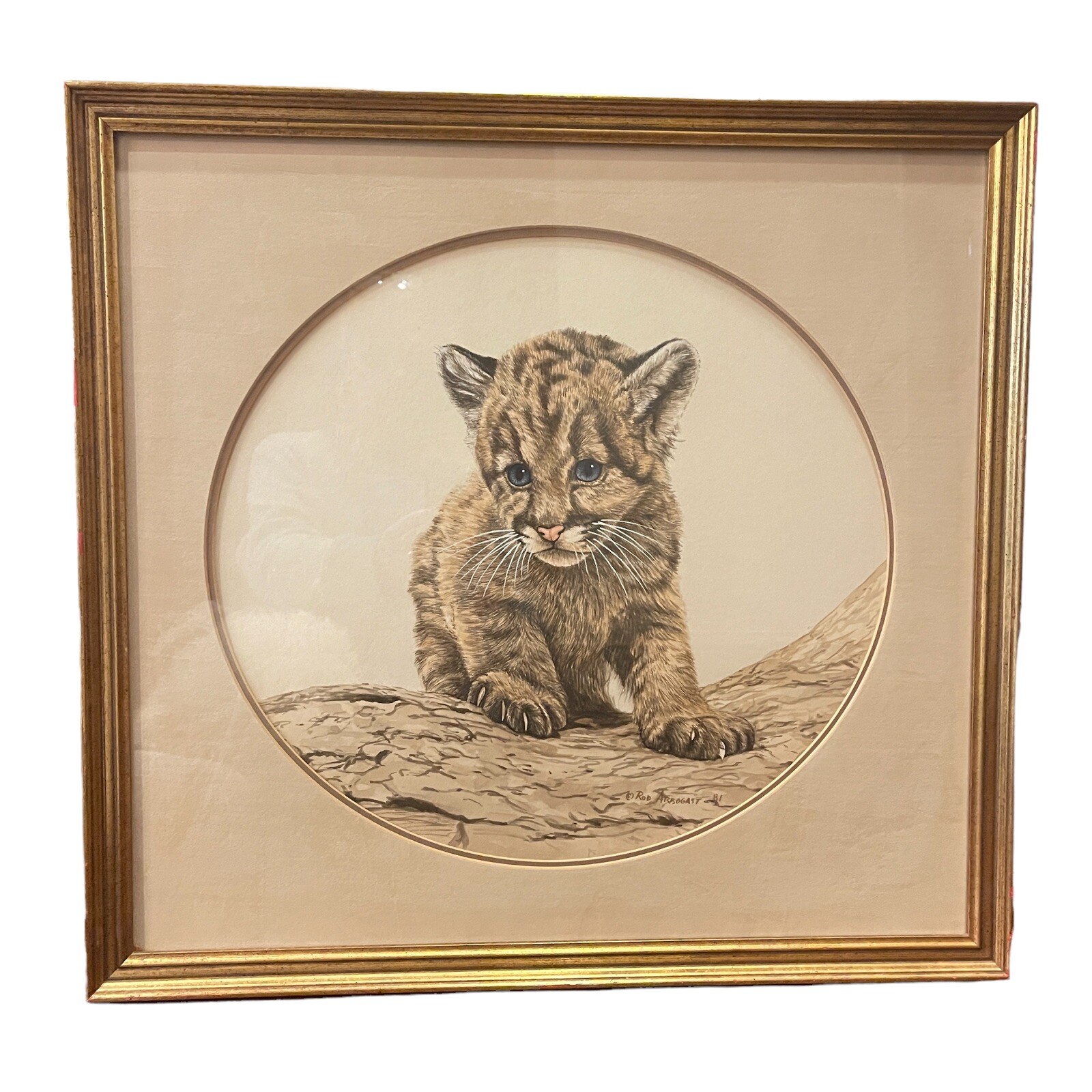 Tiger Cub Signed Rod Arbogast Original Watercolor Painting 1981 Framed & Matted