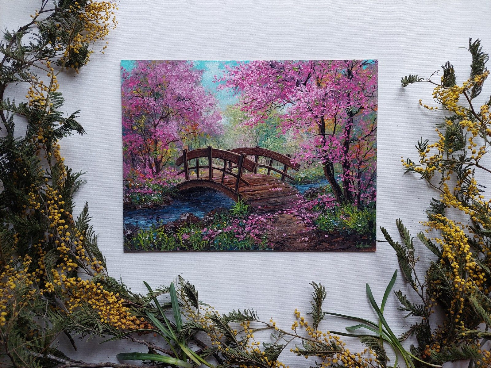 Blossoming Sakura park with wooden bridge oil painting, Vibrant Japan landscape