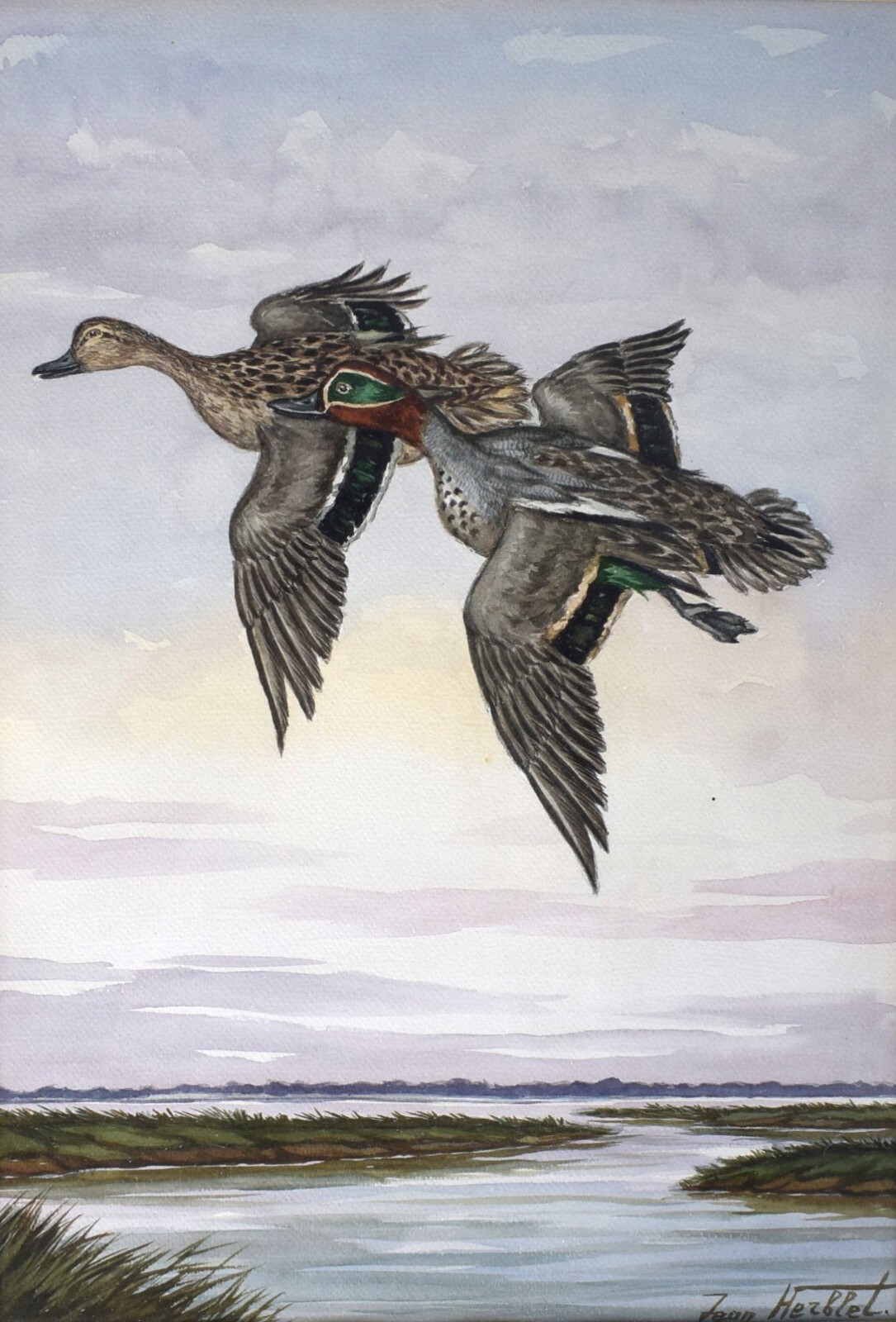 «Two Ducks In Flight Over Marsh» by Jean Herblet Ex- C.Z. Guest Estate