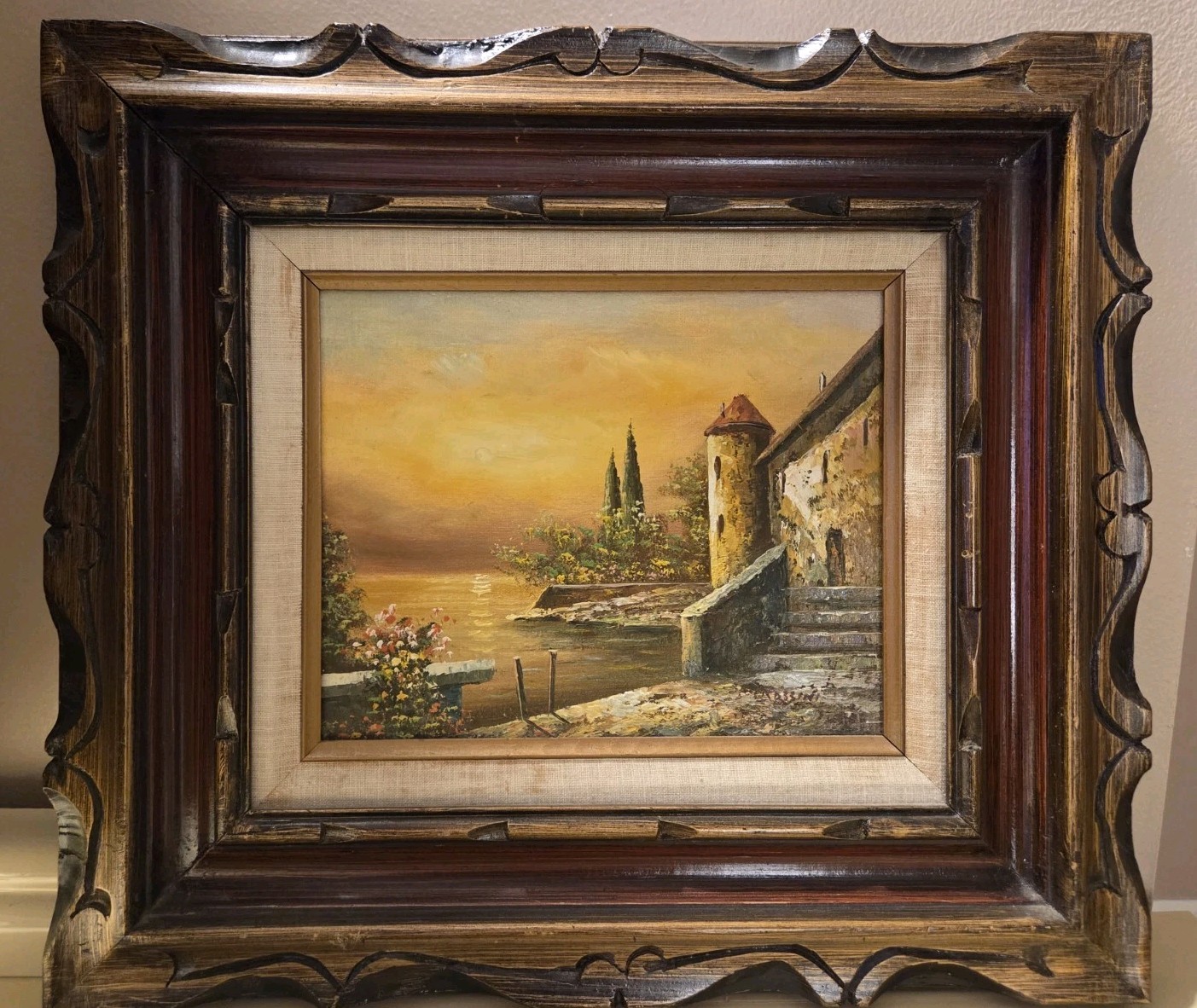 Framed European Landscape Painting Mediterranean Courtyard Sunset Wall Art