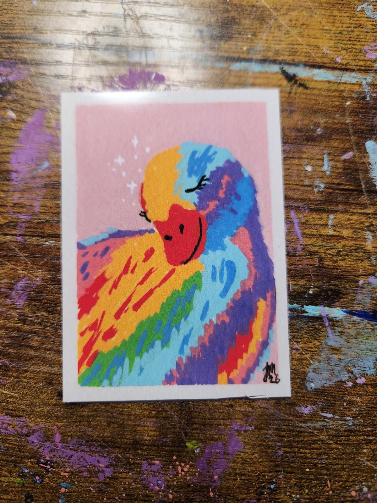 ACEO Original Rainbow Duck Acrylic Painting *Art Print. 2.5×3.5