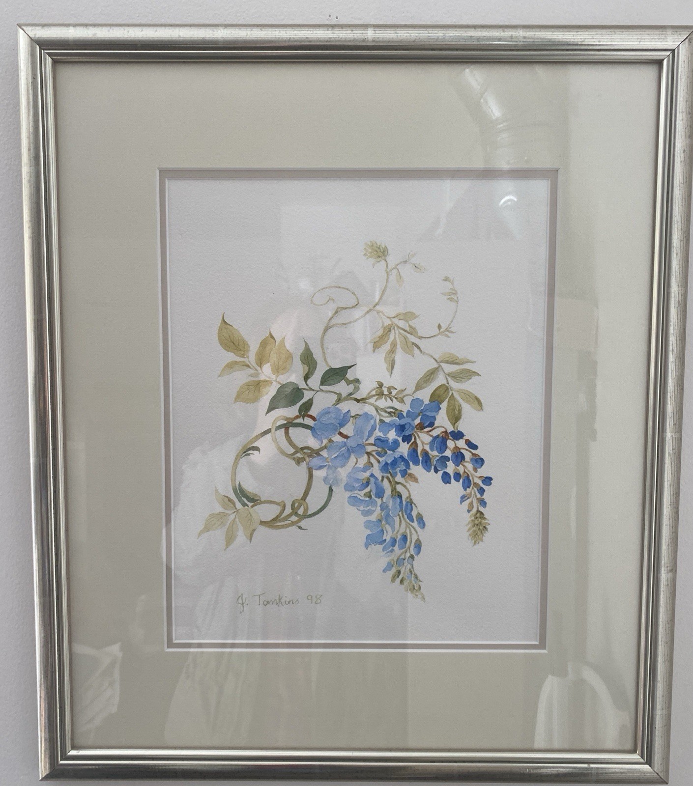 Vintage Wisteria Framed Watercolor By J Tompkins 1998 18” X 16” Signed