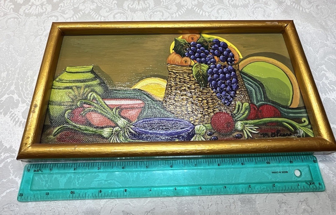 Signed MG Peace Haitian Folk Art FRUIT Acrylic on Board Painting 13” In Frame