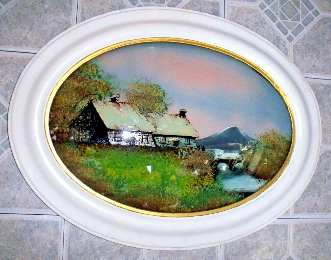 Antique Reverse Foil Painting Oval Convex Glass Landscape 14″x24″ Wood Frame