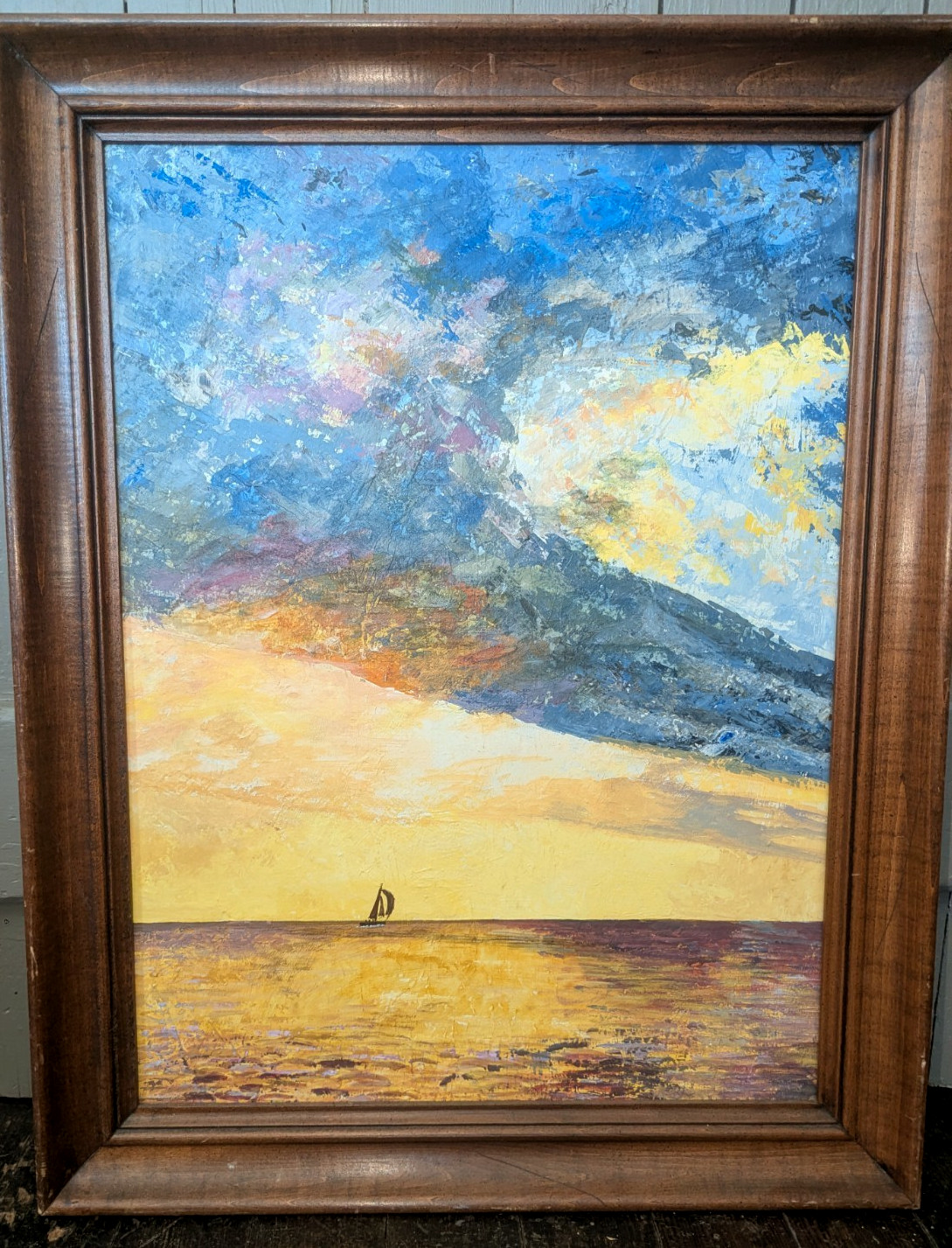 Vintage Colorful Sunset Coastline & Sailboat Original Seascape Painting