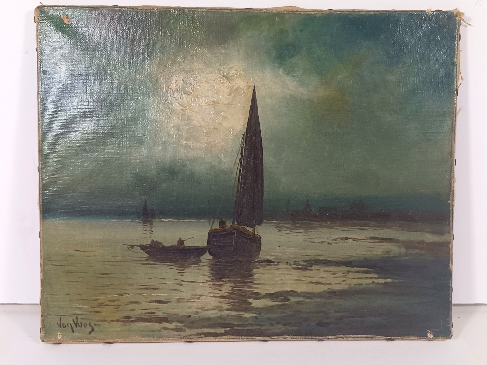 Dutch Oil painting by Von Voos nautical ocean boat ship painting night time