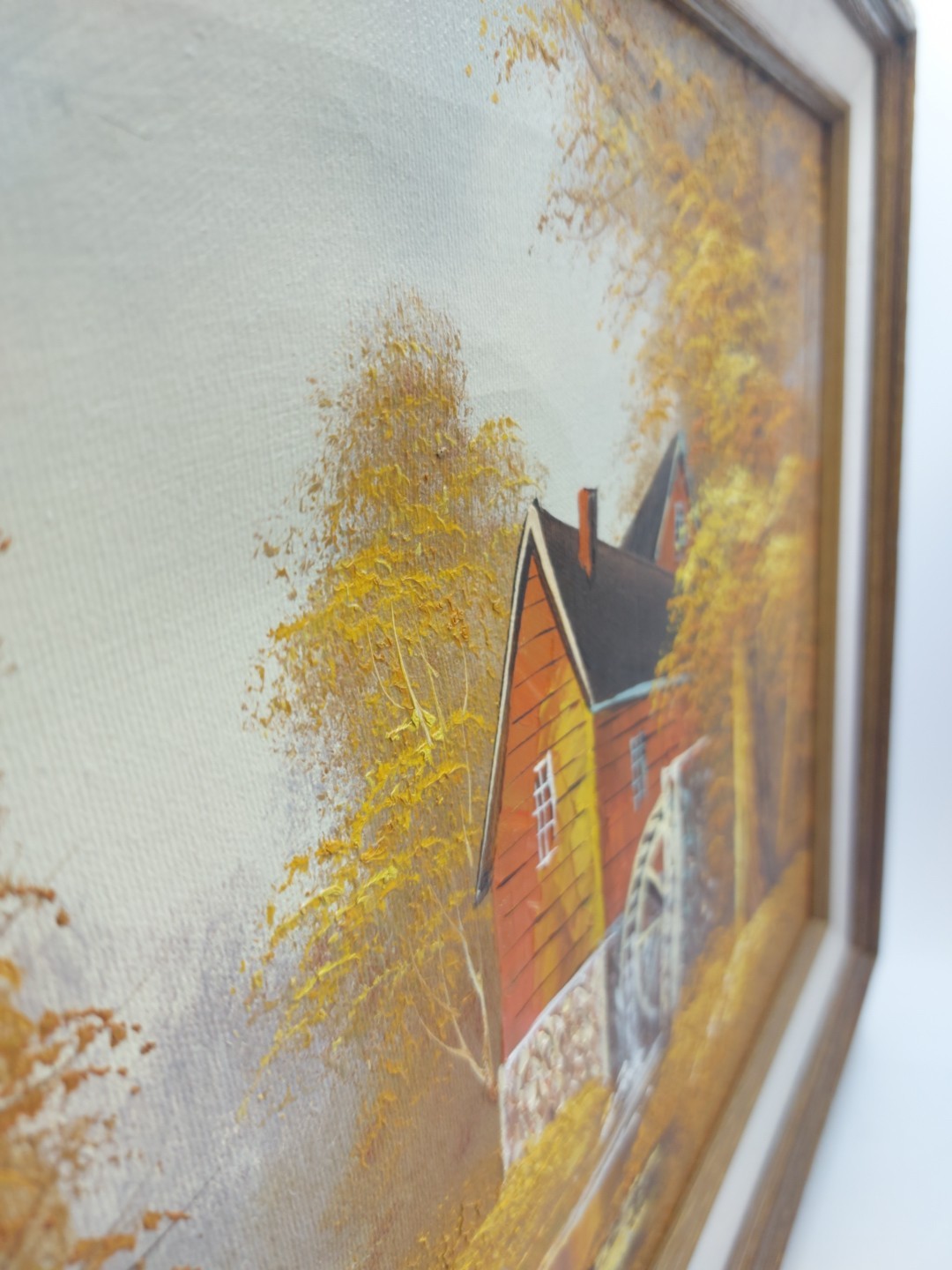 Vintage MCM Original Robert Moore Oil Painting of Old Mill in Autumn – Framed