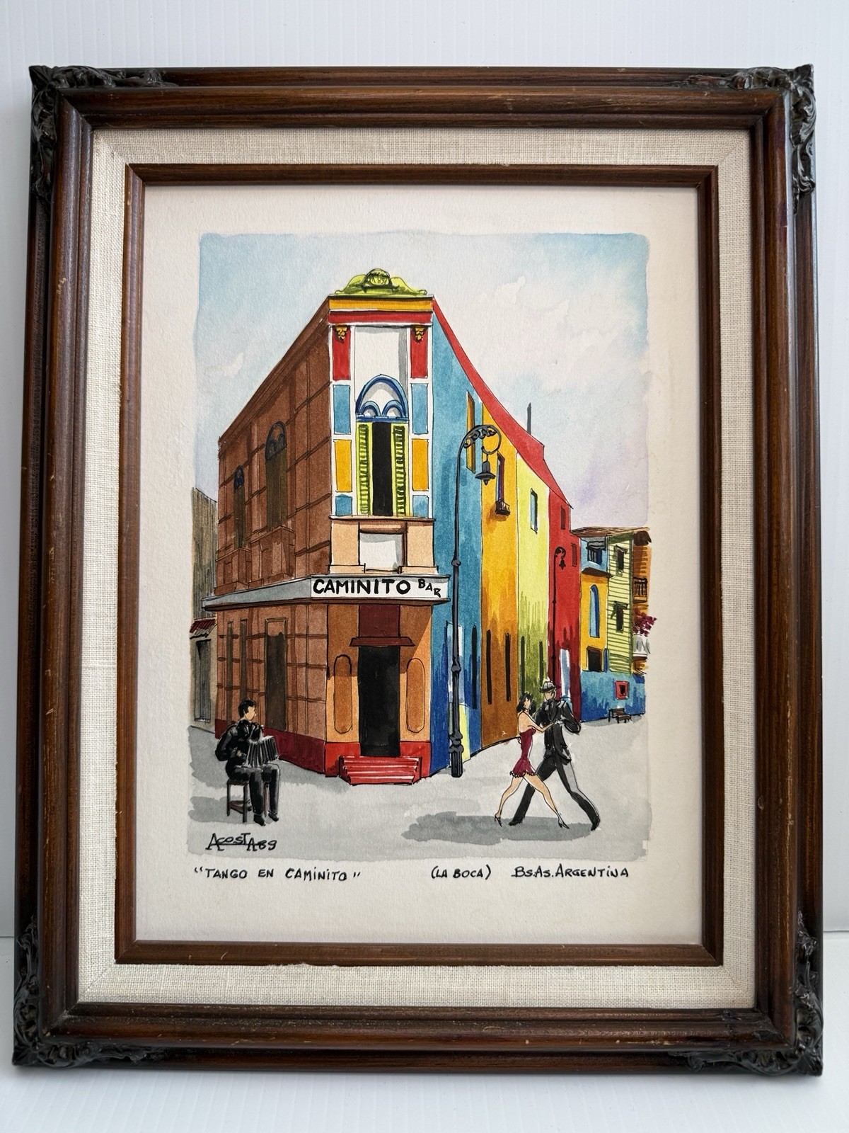 Vtg Buenos Aires Caminito Tango Watercolor Painting Signed Acosta Argentina 89
