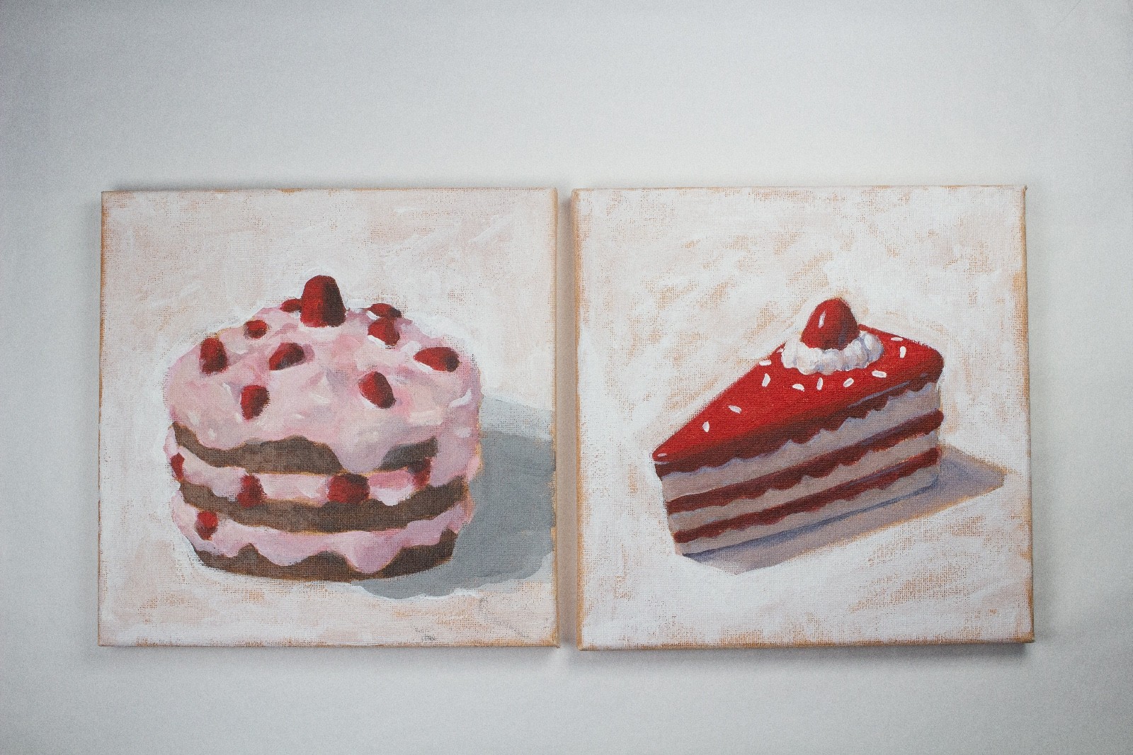 Original Paintings x2 Strawberry Cake Sweets Lovely Interior Design Art 8×8″