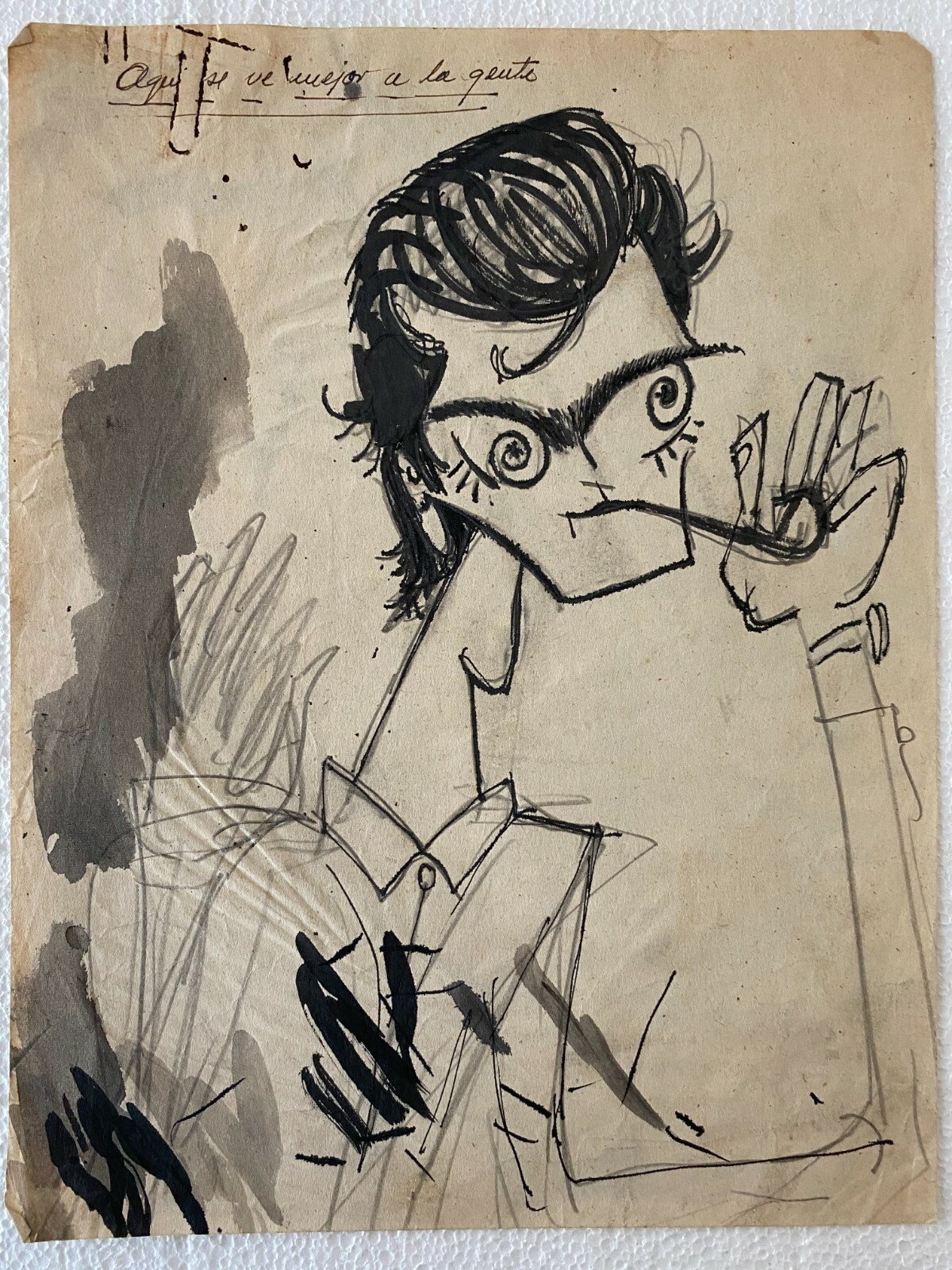 Juan David. Caricature. Julio Cortazar, ca 1970. Ink on paper. Original art.