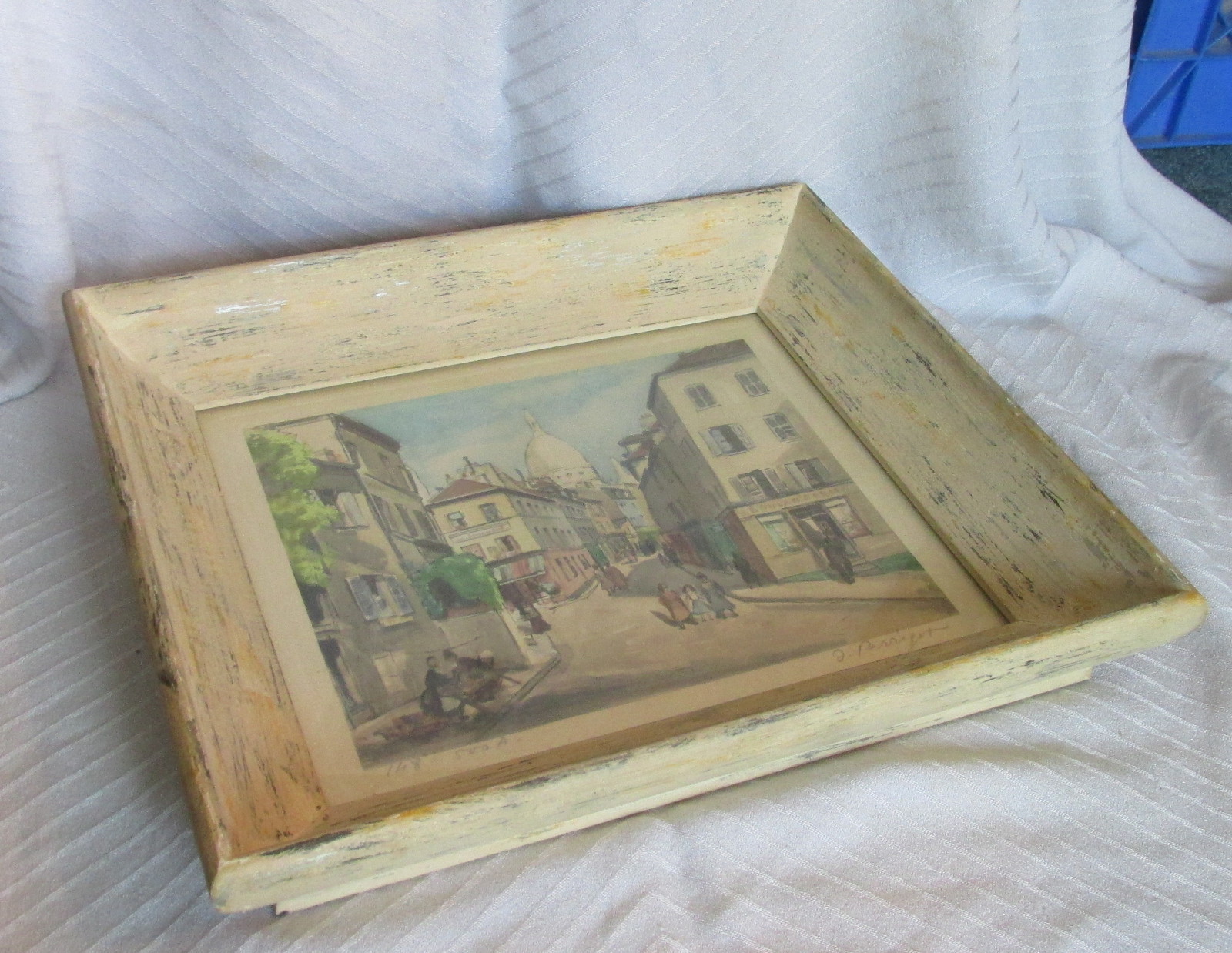 Framed Water Colored Lithograph Painting on Board Paris Street Signed Perrifor