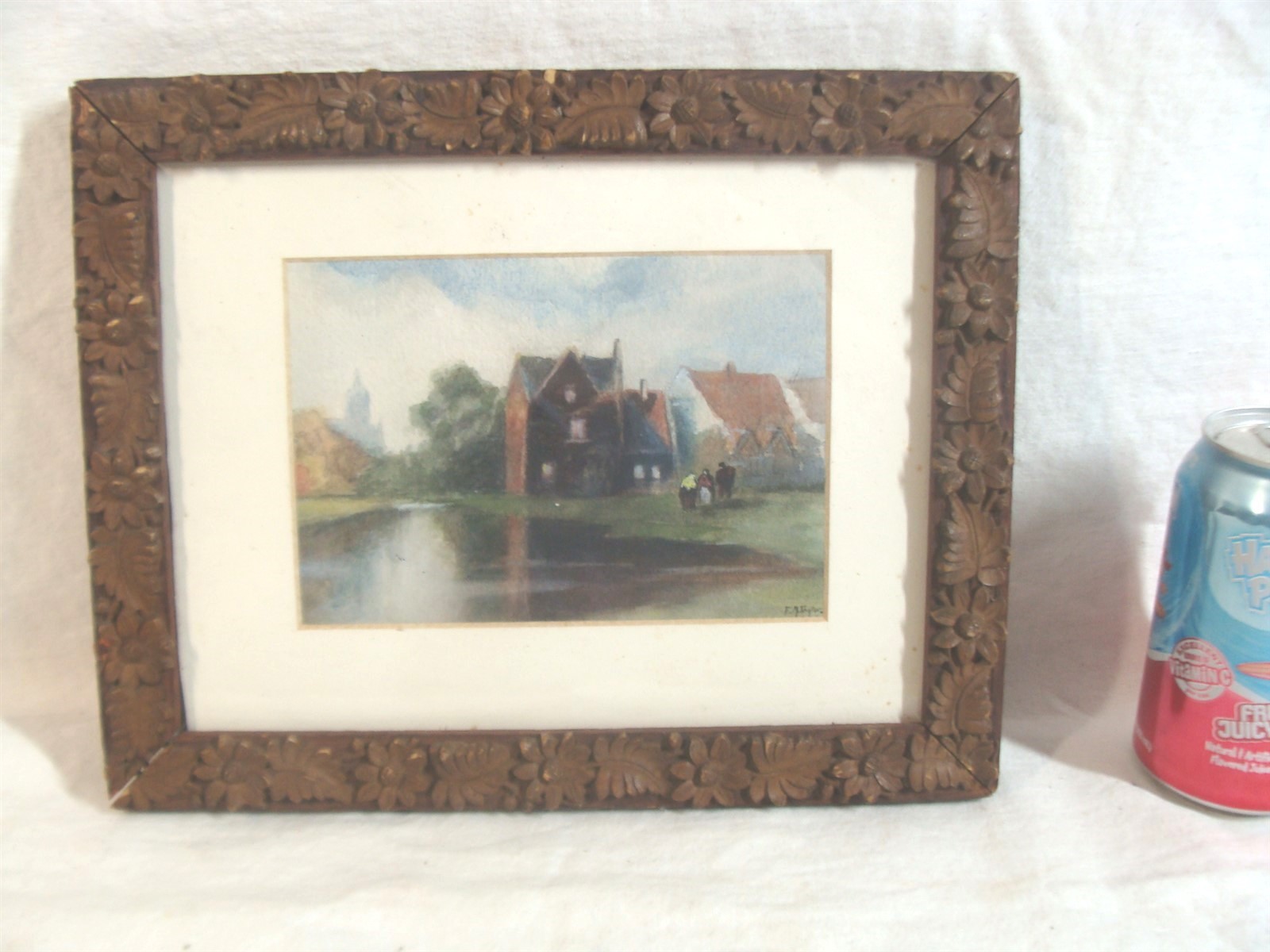 Antique F A Taylor Lake Cityscape W/ Figures W/C Painting