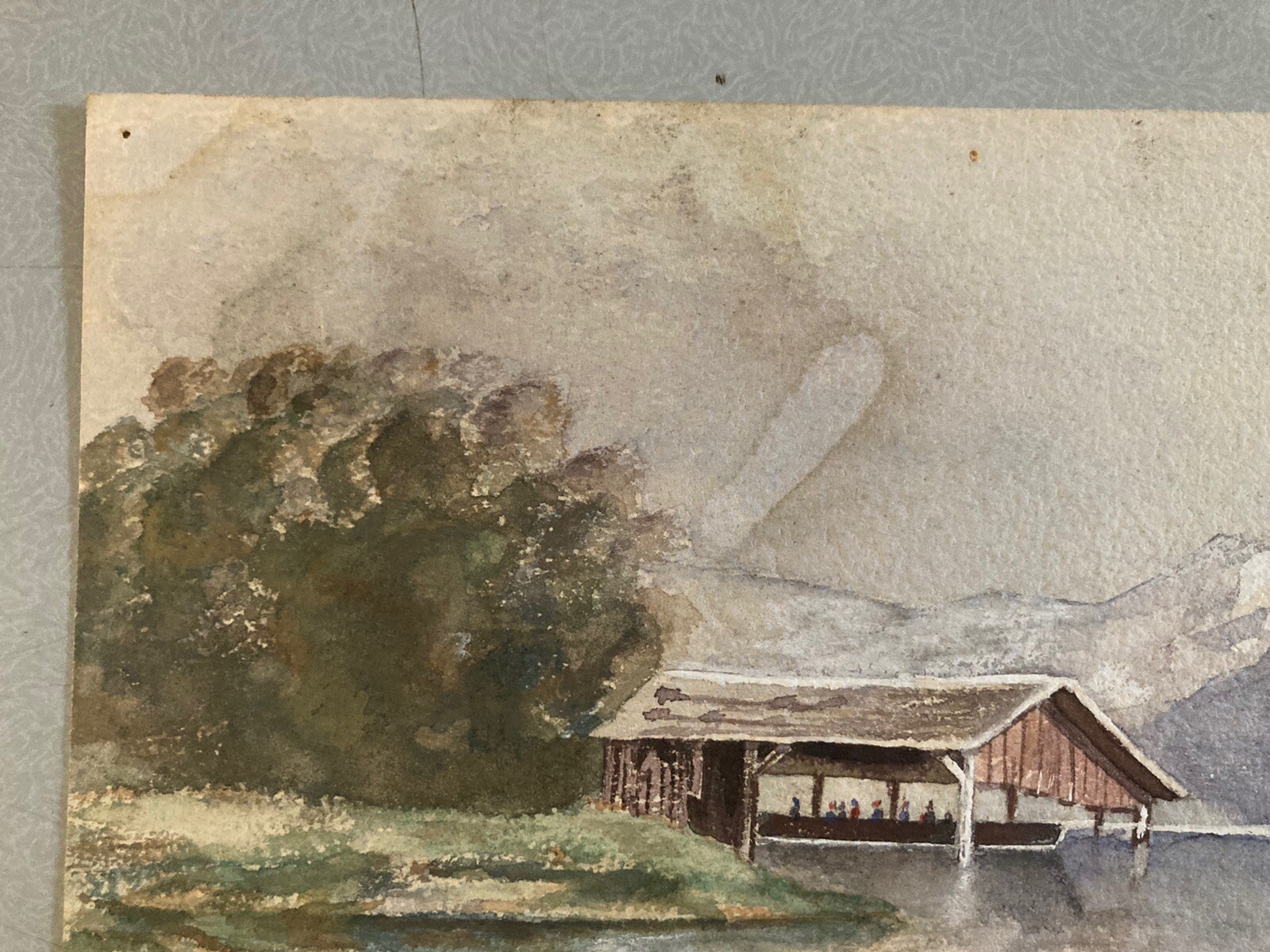 Very beautiful Gouache Original XIXth Art Watercolor Lake Mountain 1868 Antique