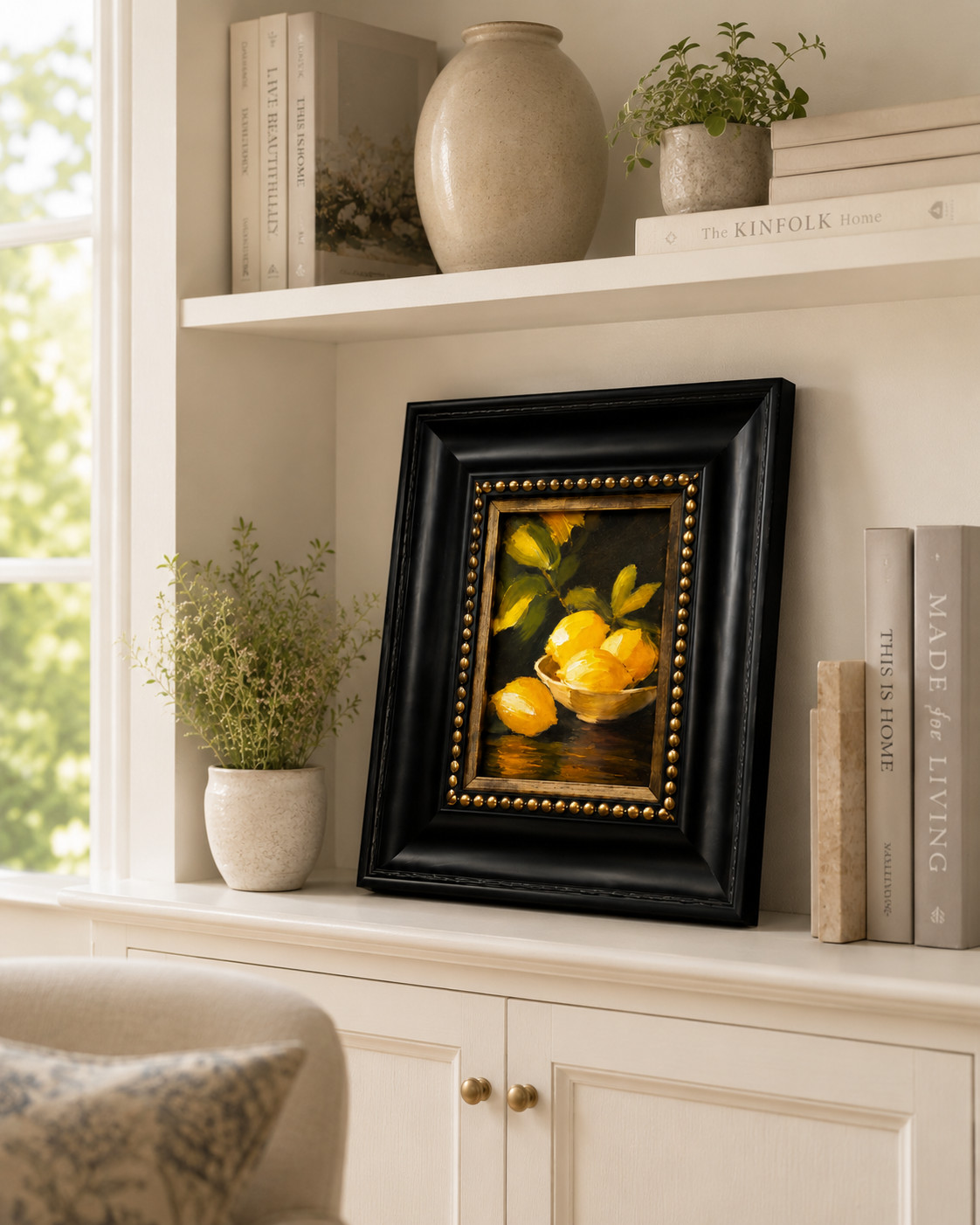 Lemon Still Life Impasto Textured Canvas Print Framed Black Gold Wall Art
