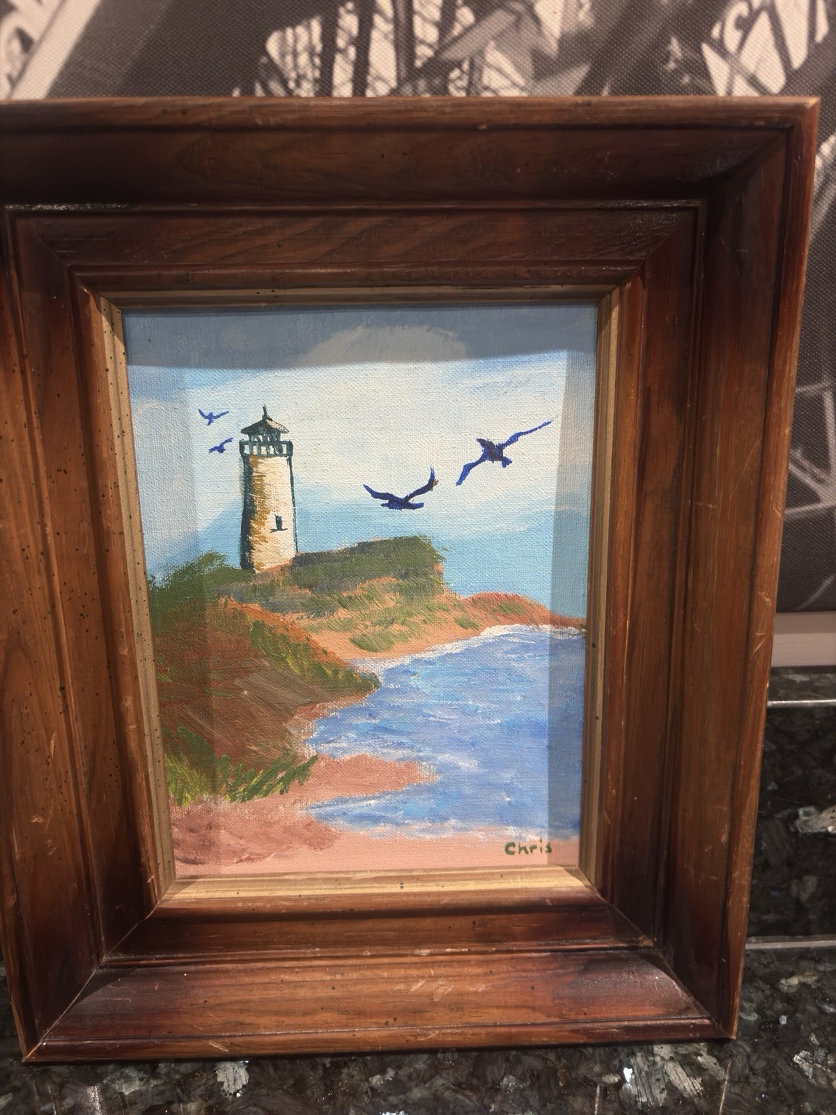 Acrylic Painting Lighthouse Seascape Birds Signed by Chris Framed 11 x 9 1/4”
