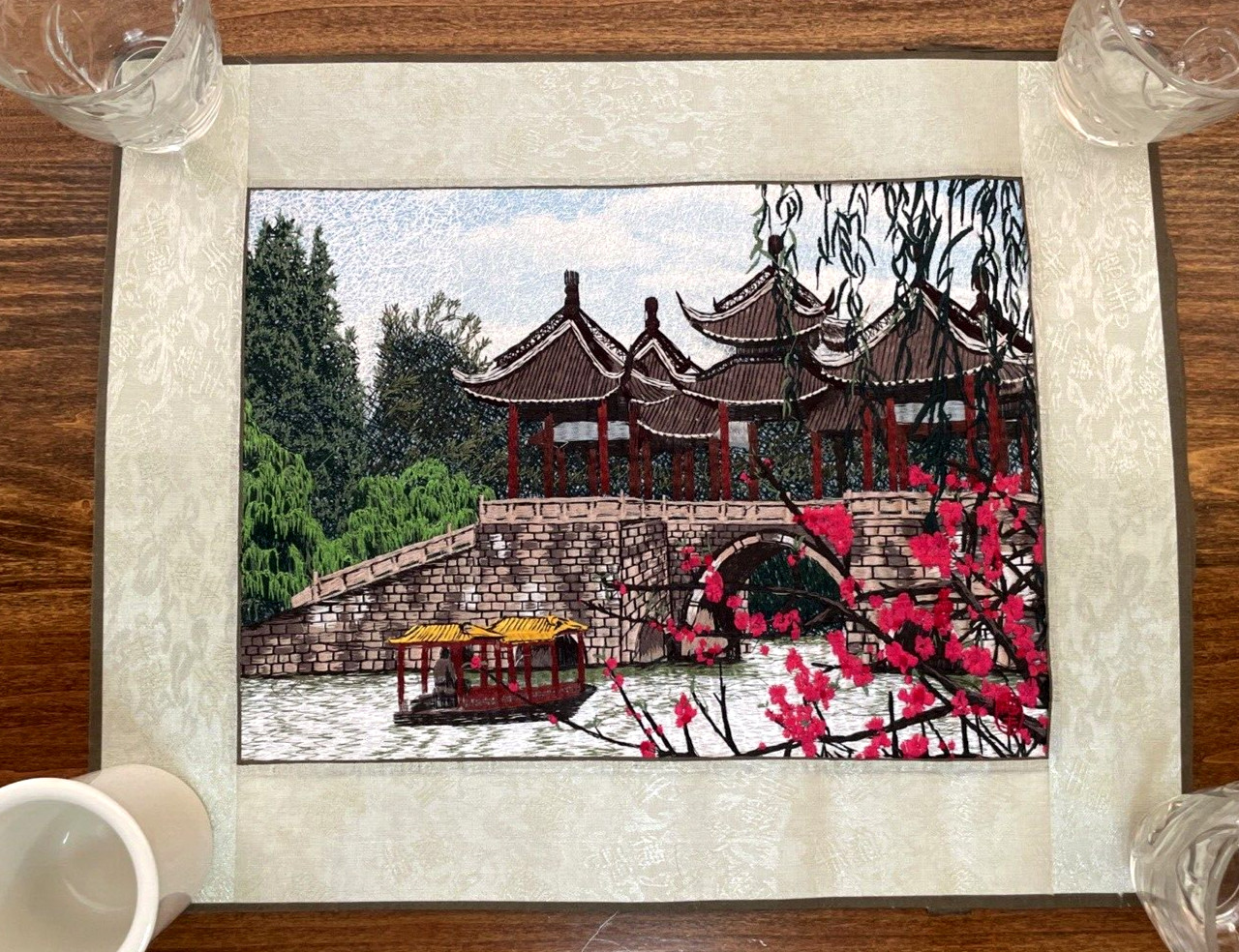 Vintage Oriental Asian Art Silk Thread Embroidery Needlework River Temple