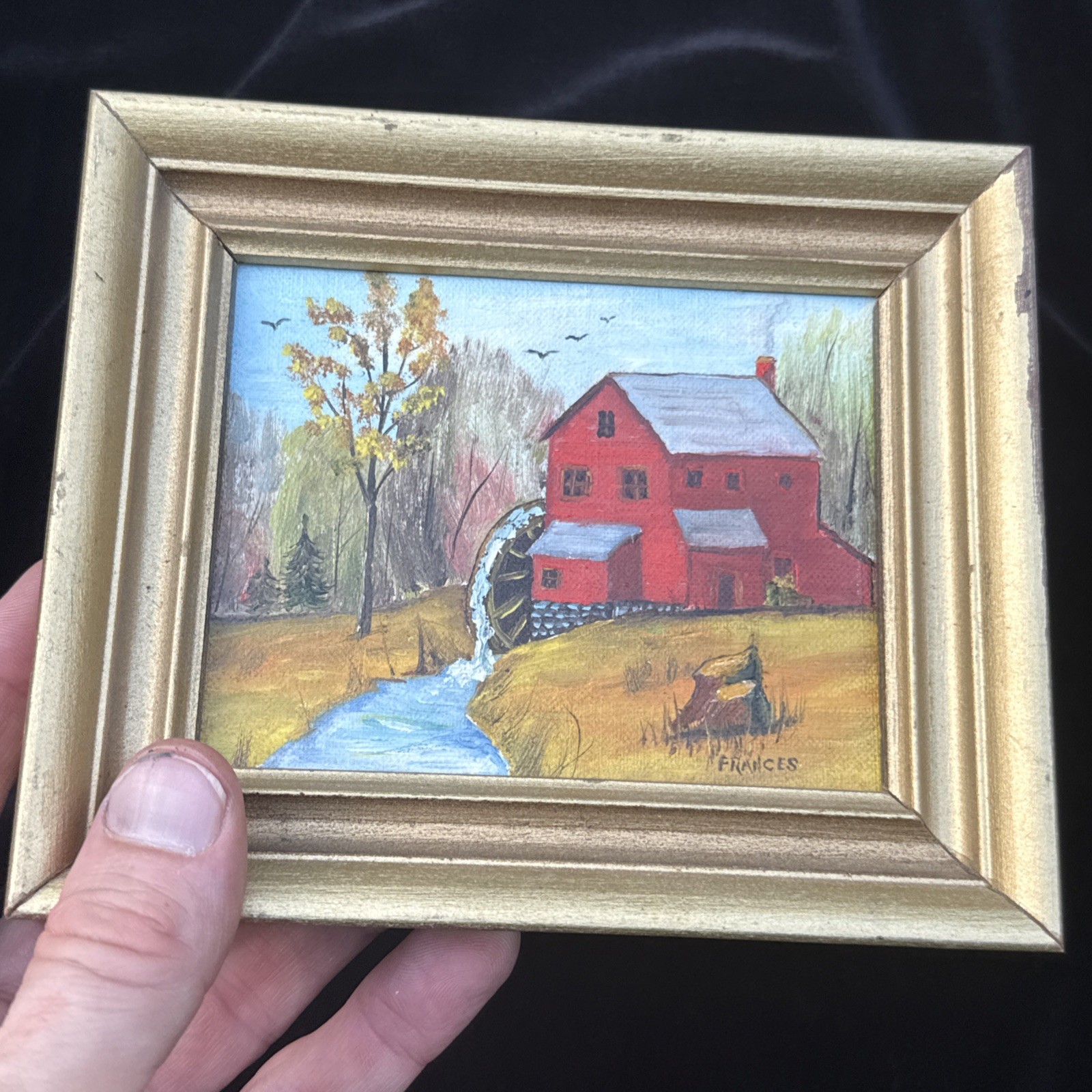 Vintage 1977 Original Painting Red Grist Mill Waterwheel Framed Folk Art Signed