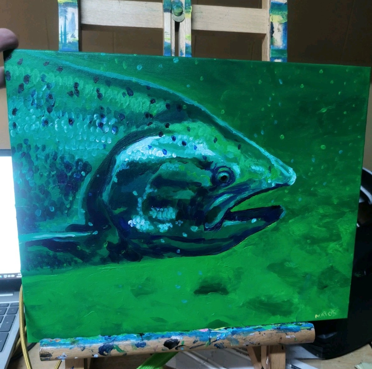 Salmon, original painting 11×14 Hard Board Panel Canvas. Salmon Art