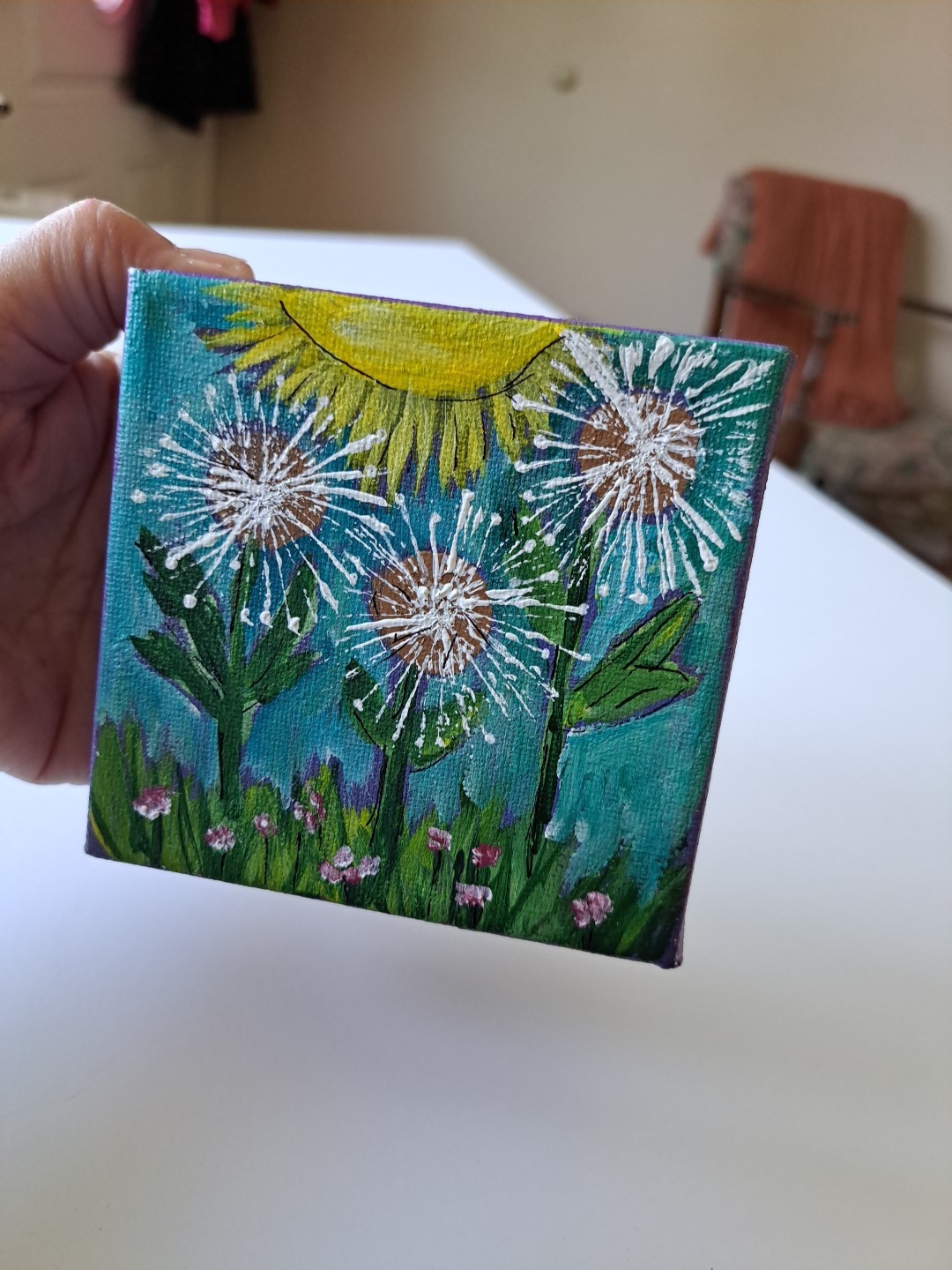 Dandlion Puffs » Make A Wish» Original Acrylic Painting On Canvas 4″