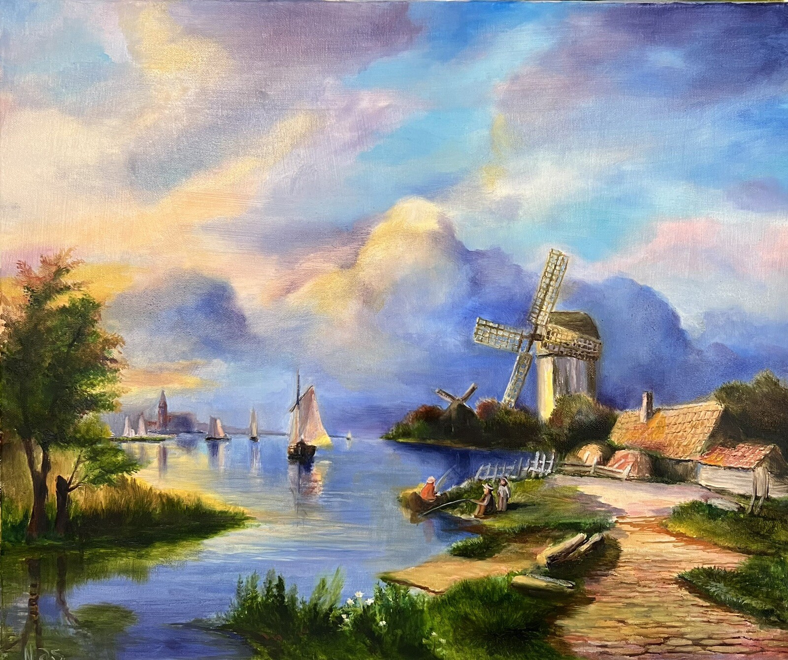 Original Painting,24×20 inches, Village European Scena, Wall Art Decor,Home Gift