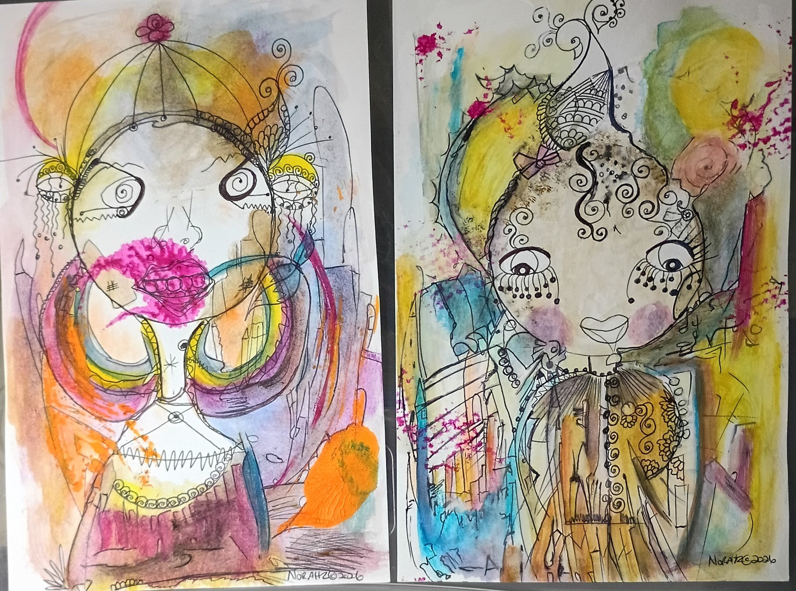 Set of 2 Abstract Whimsical Girls 5×7 Ink Watercolor Mixed Media Face Art