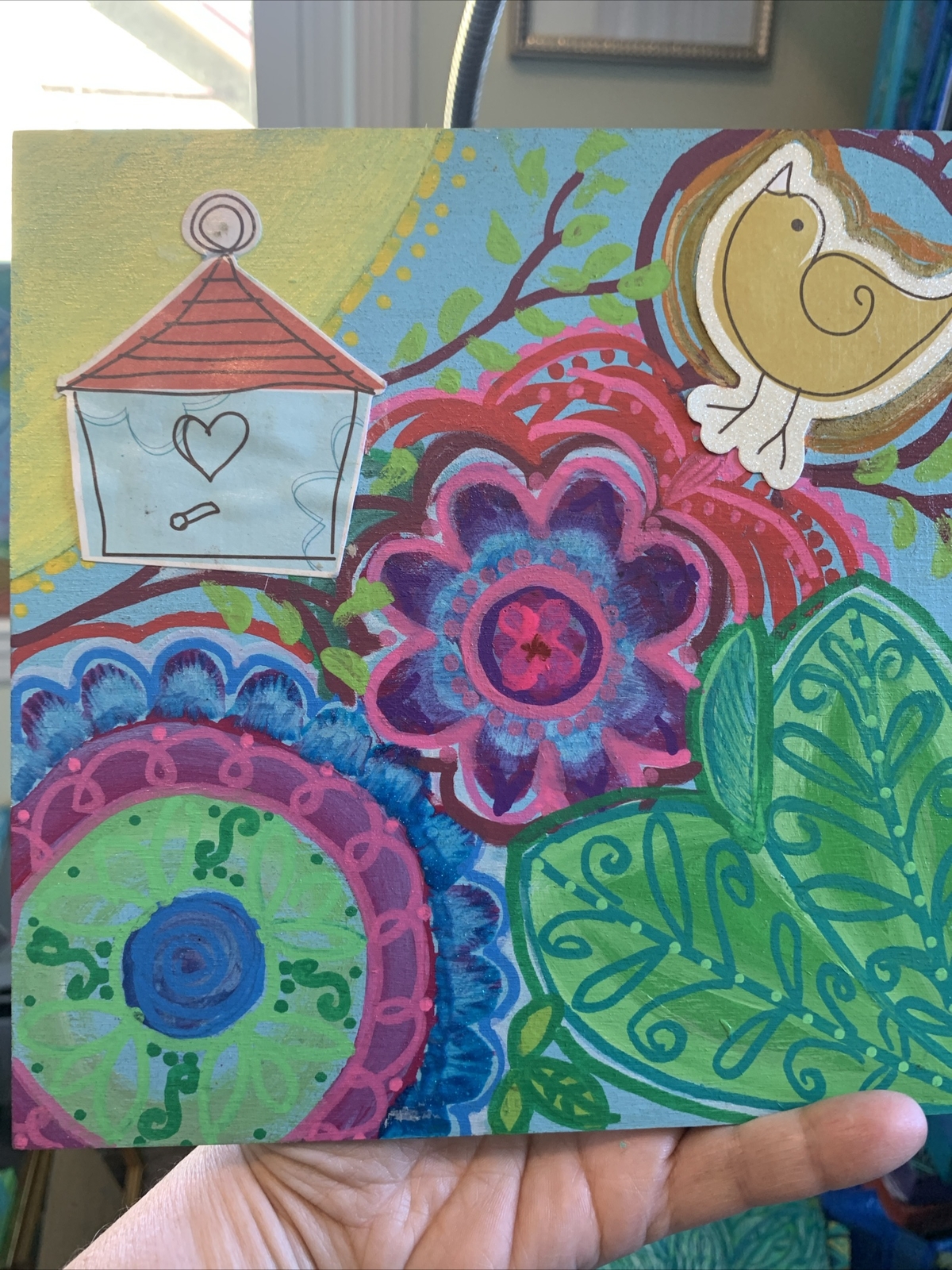 Whimsical Bird And Birdhouse painted wood panel art, Collage Pastel Colors