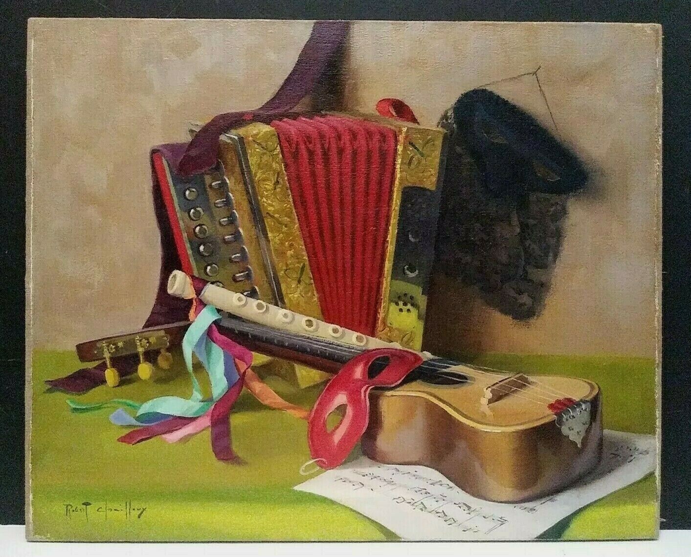 LISTED FRENCH ROBERT CHAILLOUX Sd ORIG O/C STILL LIFE w/ MUSICAL INSTRUMENTS
