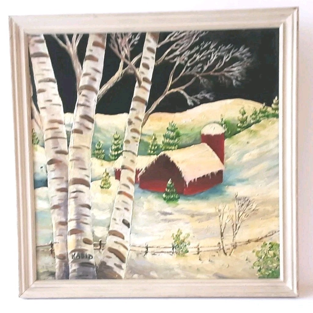 Original Oil Painting On Glass Red Barn & Trees In Snow Framed 9″×9″ Vintage