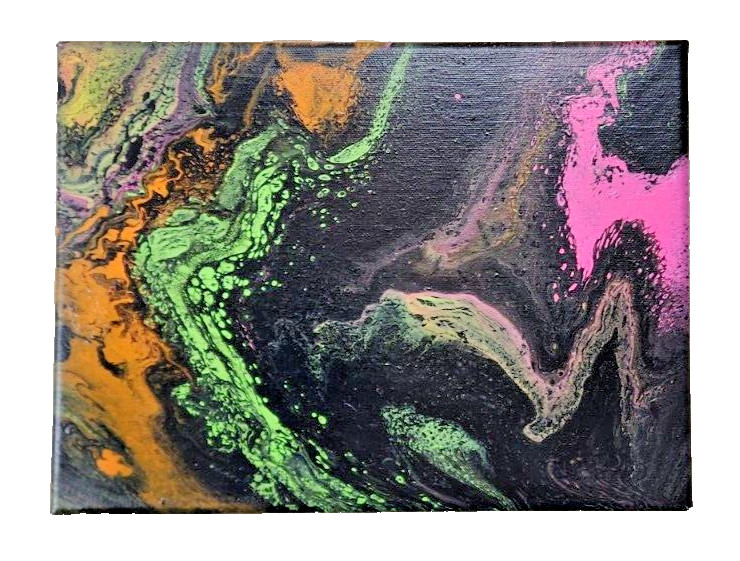Acrylic Pour Painting Abstract Black Green Orange Pink 12×9 Unframed OOAK Gift