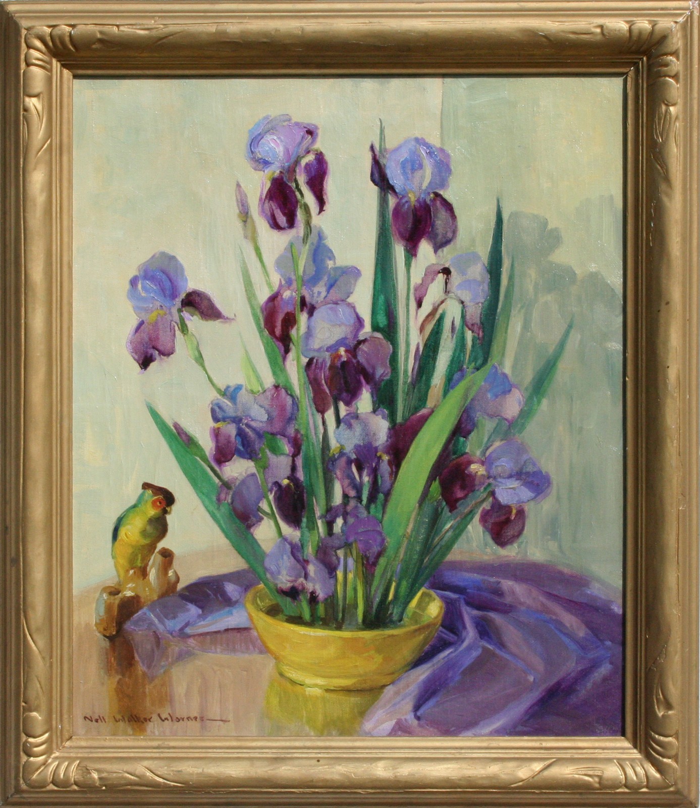 Floral Still-Life with Bearded Irises, Parrot Statue by Nell Walker Warner