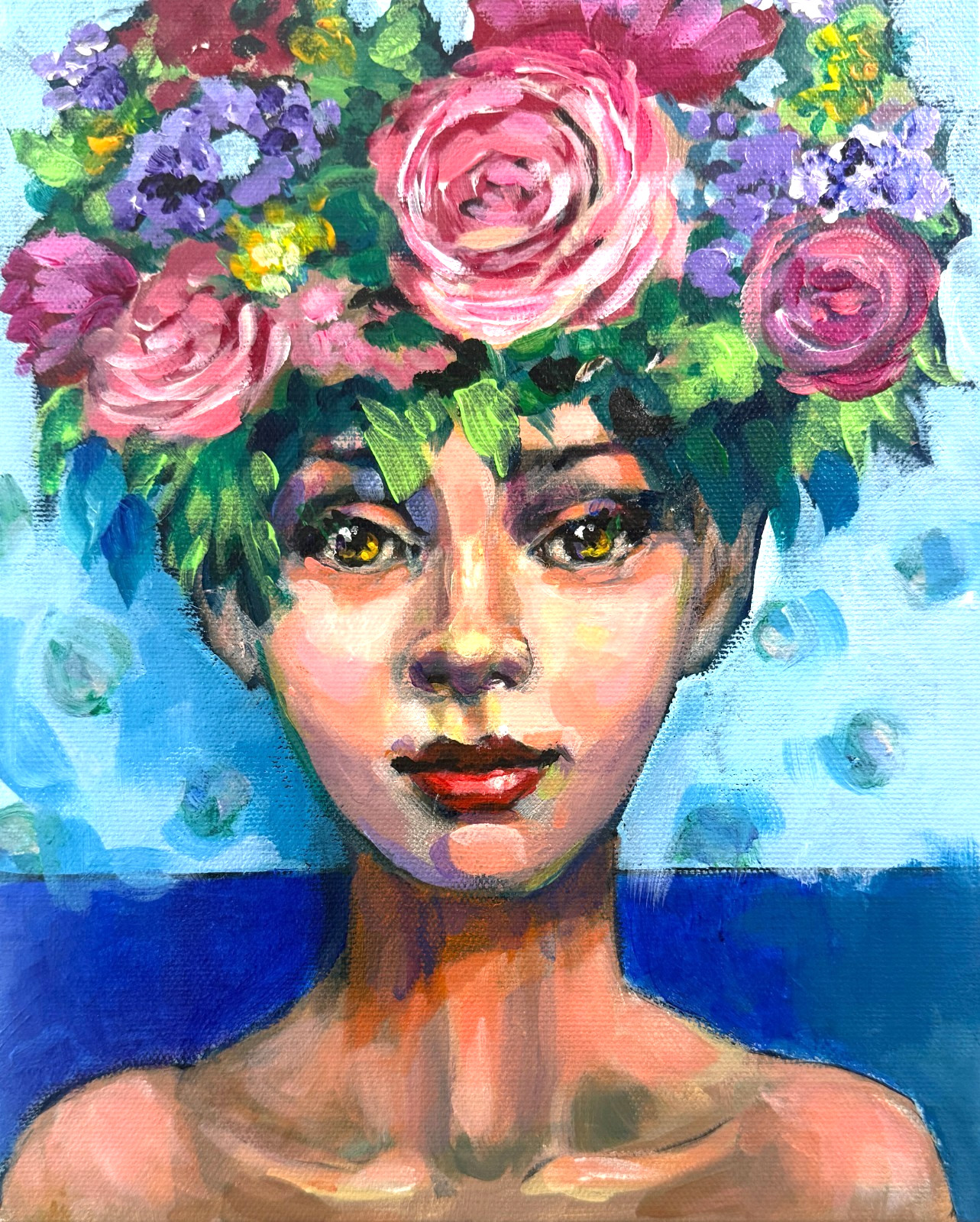 Original Floral Portrait Painting Woman w/ Flower Crown Acrylic 8×10 OOAK Signed