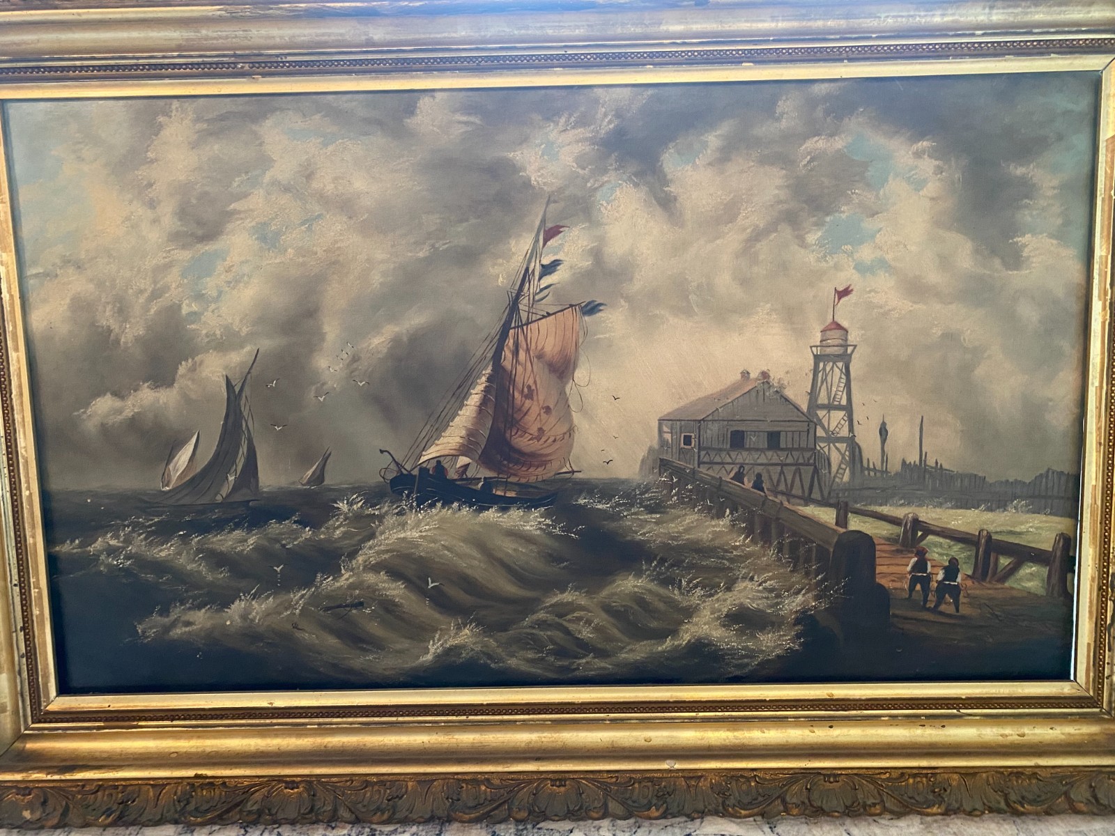 VINTAGE FRAMED OIL Rough SEAS Ships and dock WAVES SEASCAPE Approx 43″ x 24″