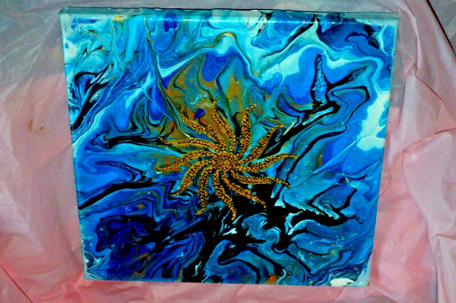 Abstract Acrylic Painting Stretched Canvas Original Golden Sun Blue