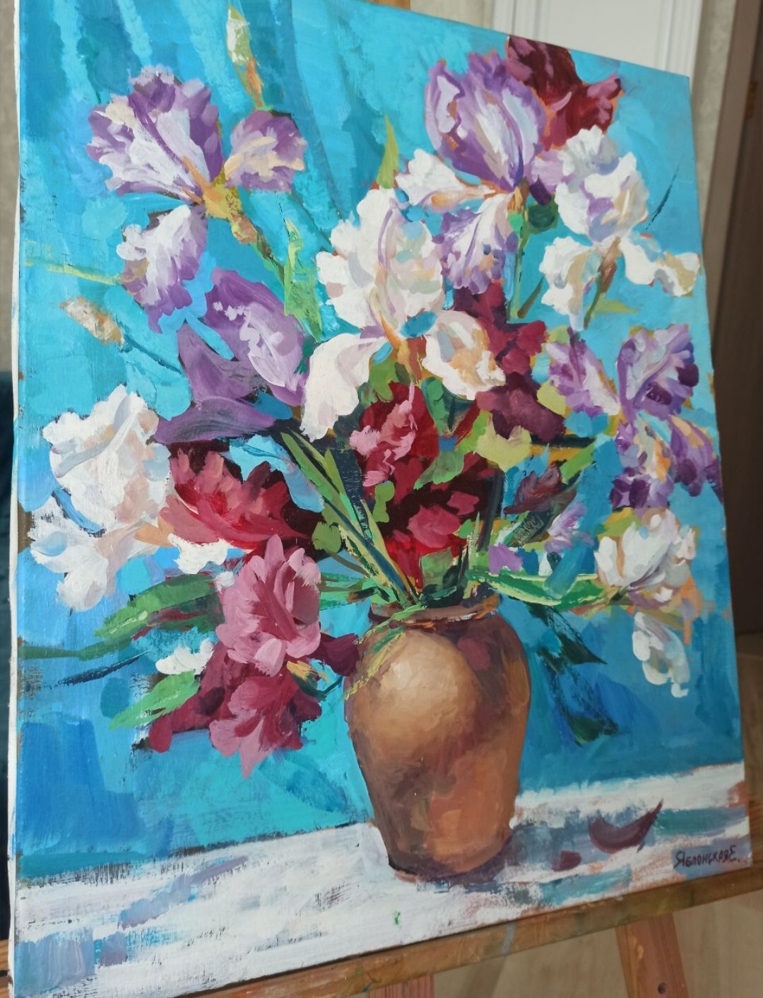 ORIGINAL Painting on canvas Bouquet of Irises Realism 19.68/15.74 inch