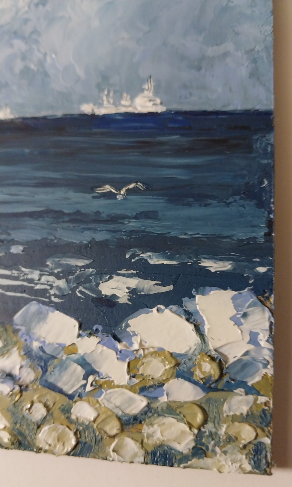 Framed Cloudy Sky Seascape Ships Winter Seashore Art 4×6” Original Oil Painting