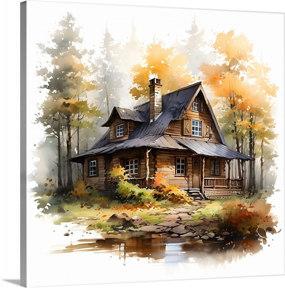 Cabin In the Woods Trees Painting Landscape Art Canvas Wrap 20 x 20 Giclee Print