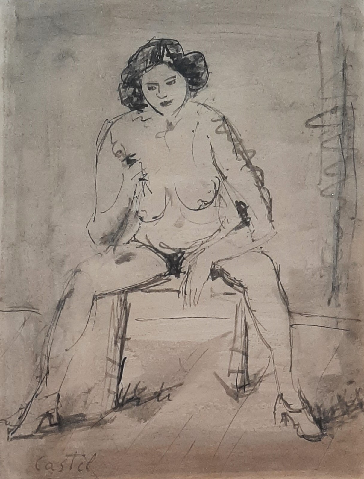 MOSHE CASTEL (1909-1991), Ink on Paper, A Nude Lady Sitting, Signed