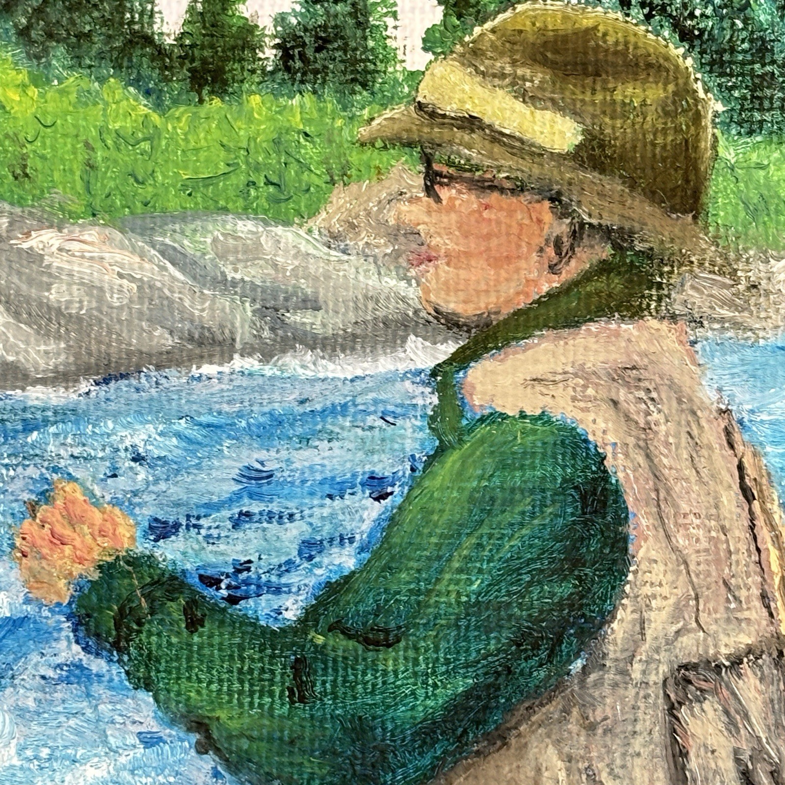 Vtg Fly Fishing Painting Maine River Scene Angler Landscape 8×10 Framed